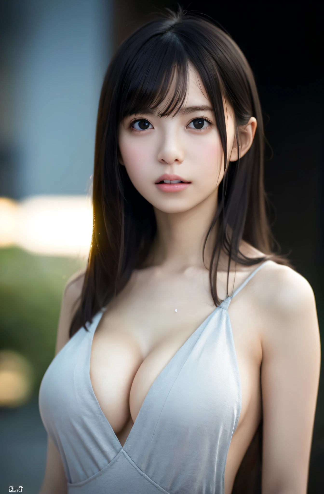 random pose, mix4, (8k, RAW photo, best quality, masterpiece: 1.45), (realistic, photorealistic: 1.37), one girl, cute, cityscape, night, rain, wet, professional lighting, photons mapping, radiosity, physically based rendering, gradient black hair, gray hair, short curly hair, handsome, girl, Deep V-neckline slip dress, pale skin, top quality photo, high res, 1080p, (clear face), (detailed face description), (detailed hand description), (masterpiece), (exquisite CG), extreme light and shadow, disheveled hair, master work, rich details, (fine facial features), (highest quality photo), (masterpiece), (detailed eyes), look in front of you eyes, fine clavicle, (large breasts:1.4),