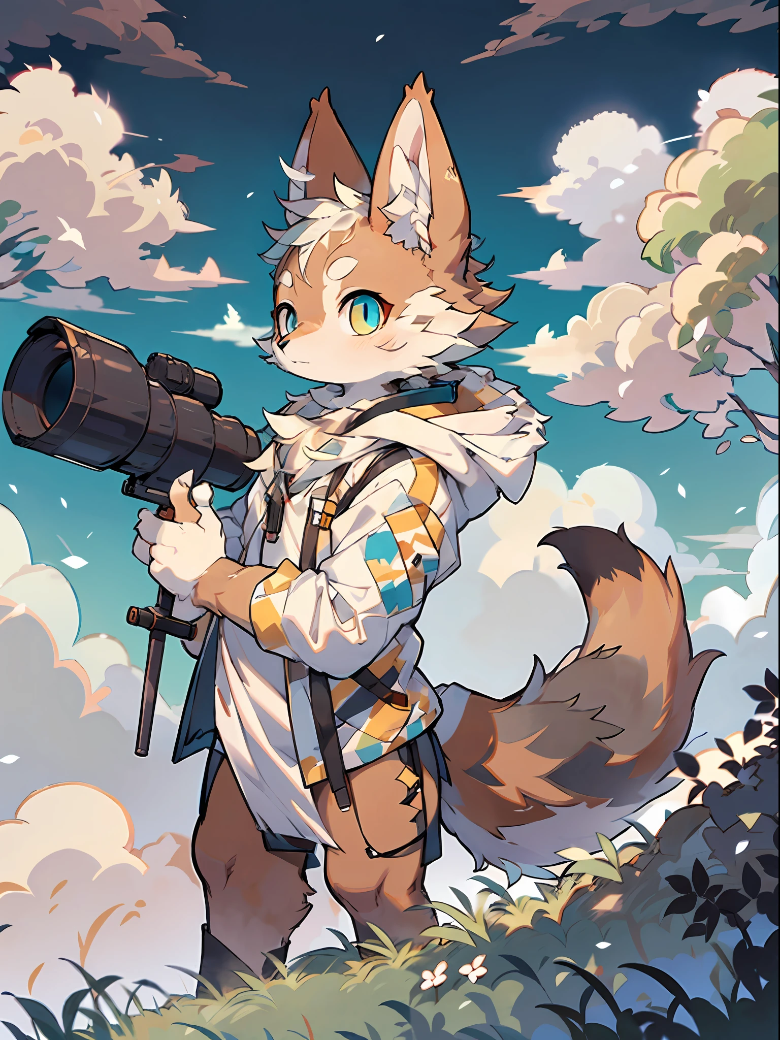 Furry, male fox, fluffy, yellow-brown fur, cyan eyes, brown patterns on the ears, large fluffy tail, standing on a cliff using a telescope, explorer, outdoor attire, steppe, blue sky and white clouds