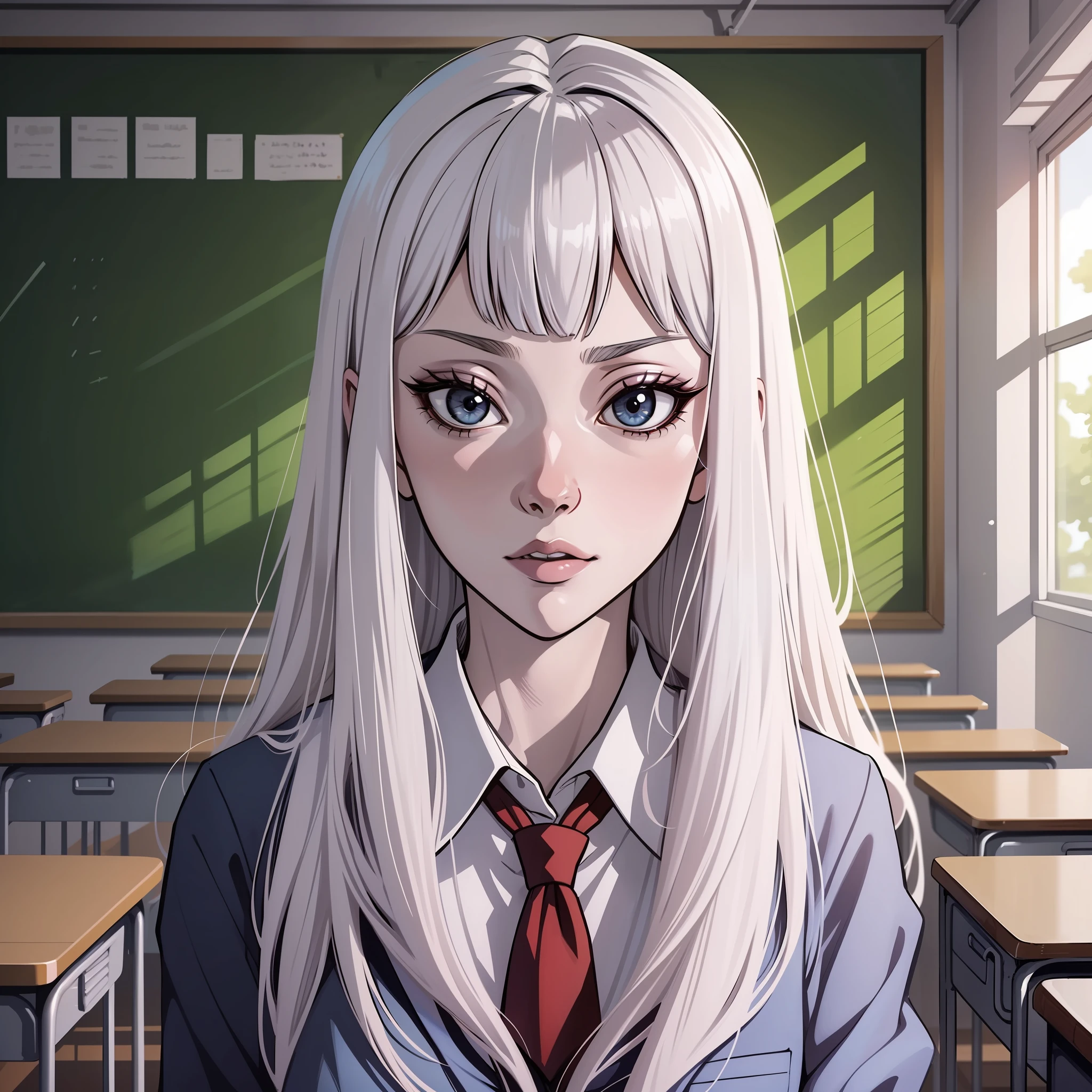 A woman, white hair, long hair with tomie bangs, school clothes, inside the classroom, junji ito art style, junji ito tomie.