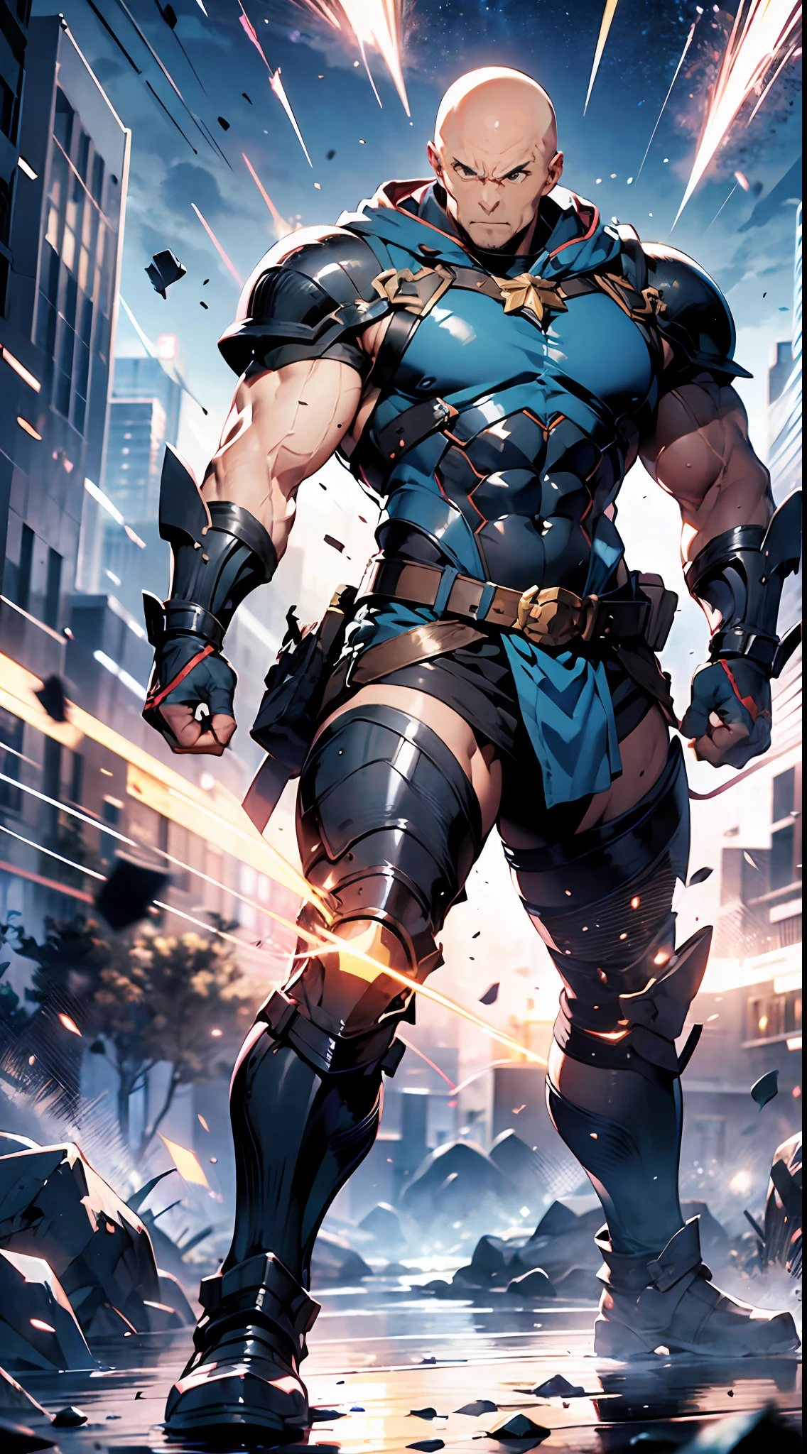 Full Body, Elderly, Men, Bald, Hero of Another World, Fist, Giant Gloves, Very Muscle, Muscle, Topless, Shoulder Armor, Lightning Effect, Stand Low, Glare, Black Armor, Attack Action