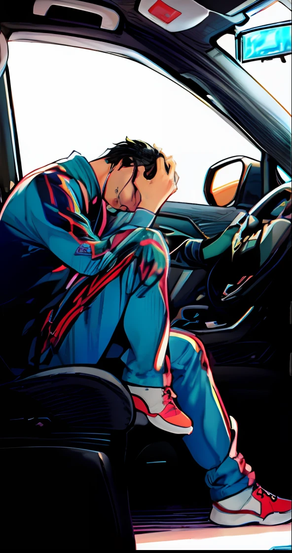 a anime of a man in car, phone, sad, cry, crying, training uniform, black hair, color manga, manga color, color manga, color manga panel, simple background, a white background