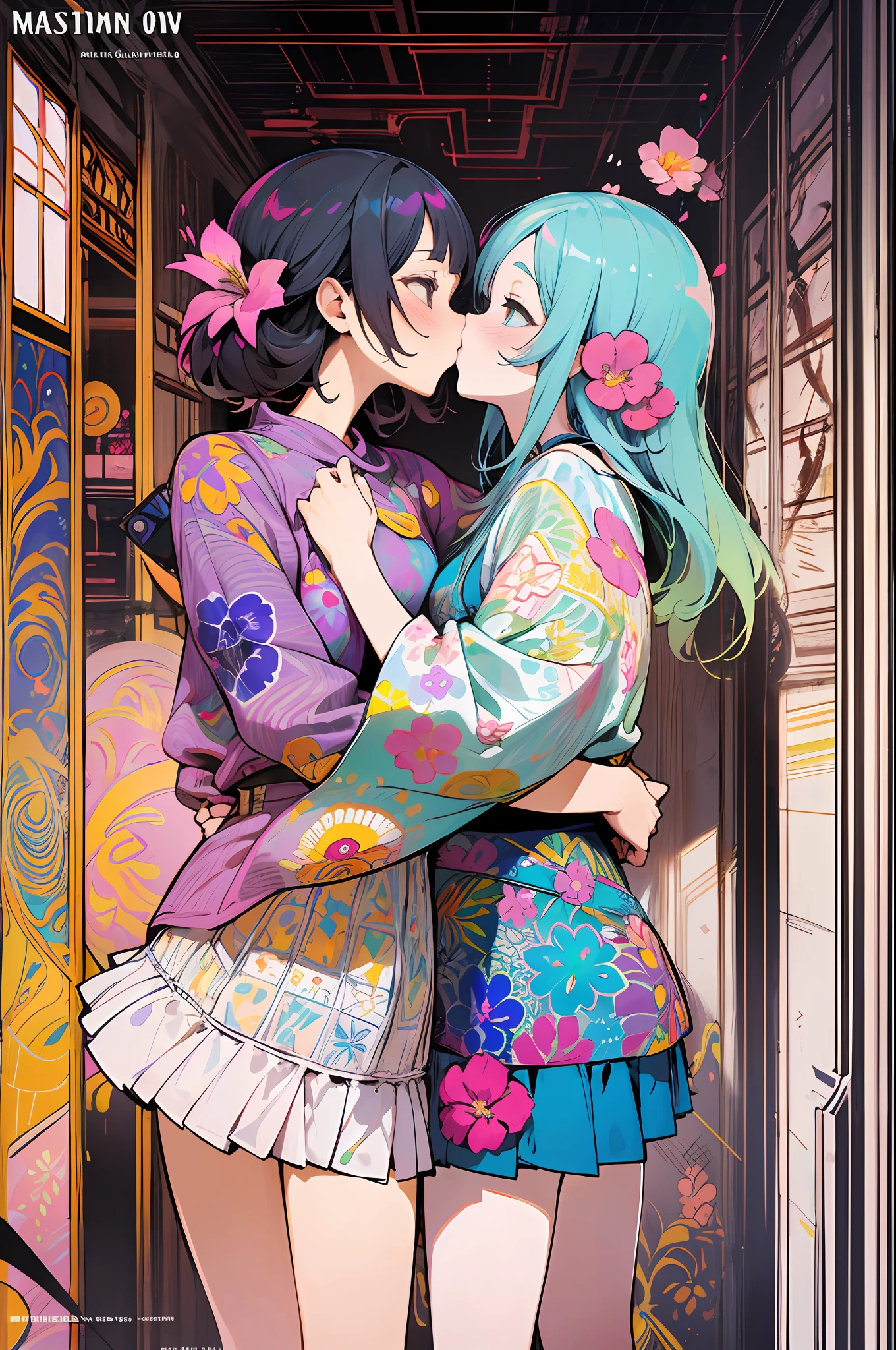 masterpeace, best quality, (magazine cover), lineart, colorful, 2girls, (age difference), li, kissing, hugging, (floral panties), vibrant colors, Volumetric Lighting, Best Shadows, Shallow Depth of Field, (Highest Quality, Amazing Details:1.25), Brilliant Colorful Paintings,