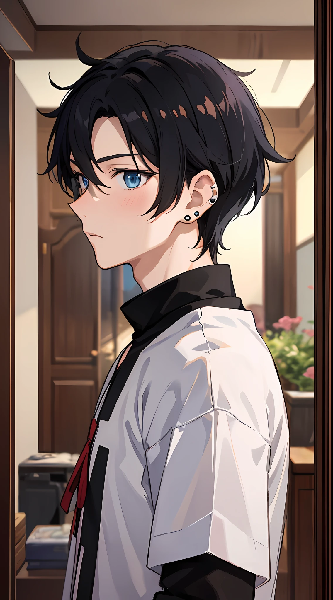 Anime characters standing in white T-shirts standing in villas, tall anime people with blue eyes, young anime people, anime handsome men, anime portraits of handsome men, anime moe art style, male anime style, inspired by Masanobu Okumura, male anime characters, anime boys, high-quality anime art style, handsome anime poses, smooth anime CG art, short black hair, black stud earrings, in the villa, in the living room, very luxurious villa, blushing, shy, I don't know how to be good, hands with nowhere to place, Keep your head down and look at the ground