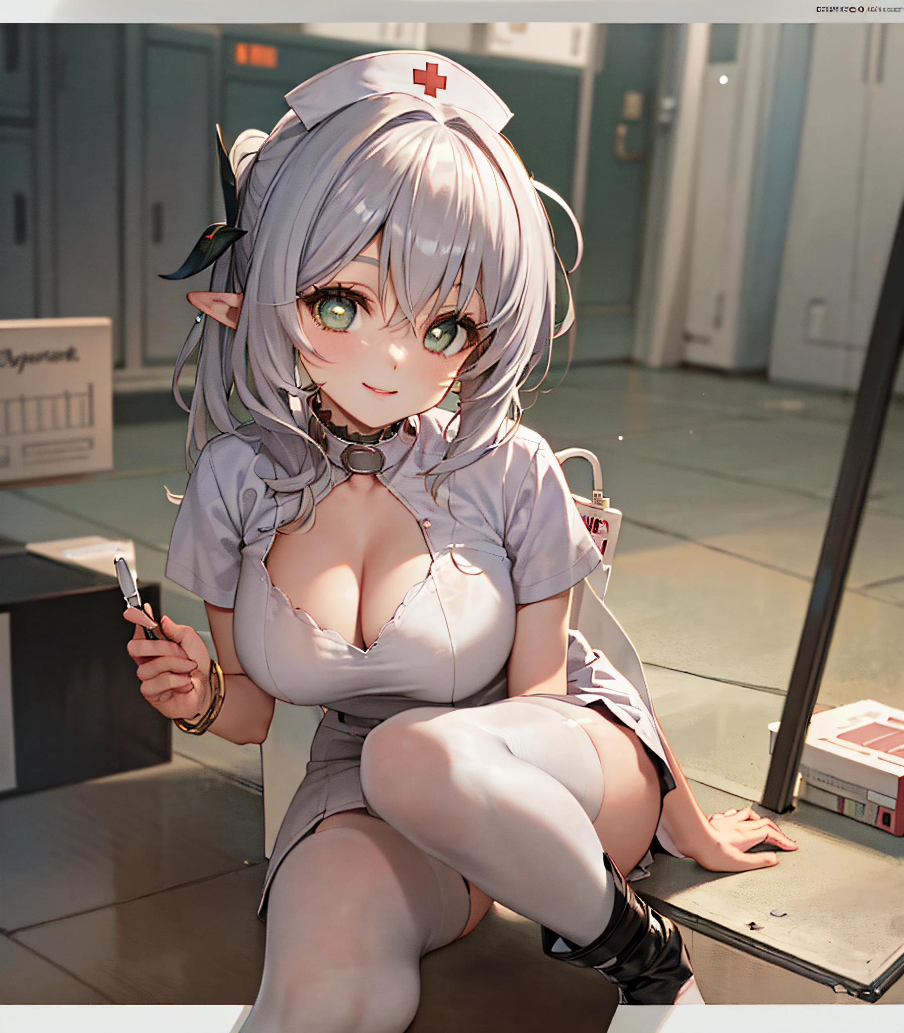 Best Anime 4K Section Wallpaper, Best Poster, Hospital, White Nurse Costume, Nurse Cap, Injection, Injection, Smile, Close-up of Feet, Big Feet, Poor Breasts, Wearing 40D Black Stockings, Delicate Face, Good-looking Eyes, Attractive Anime Girls, Delicate Details,