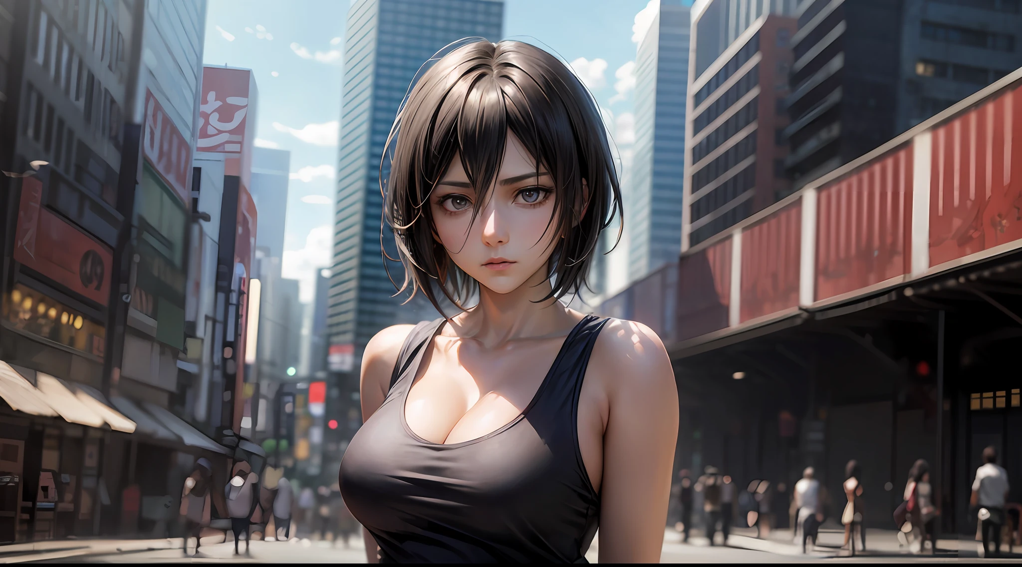 (Attack on Titan, Mikasa Ackerman), brown skin, white tank top, (short black hair), young, cute, beautiful girl, perfect style, big, emphasized cleavage, expressionless, realistic, realistic, 8k, very detailed, highest quality, best quality, super high definition, masterpiece, one girl, (Japan in the background),