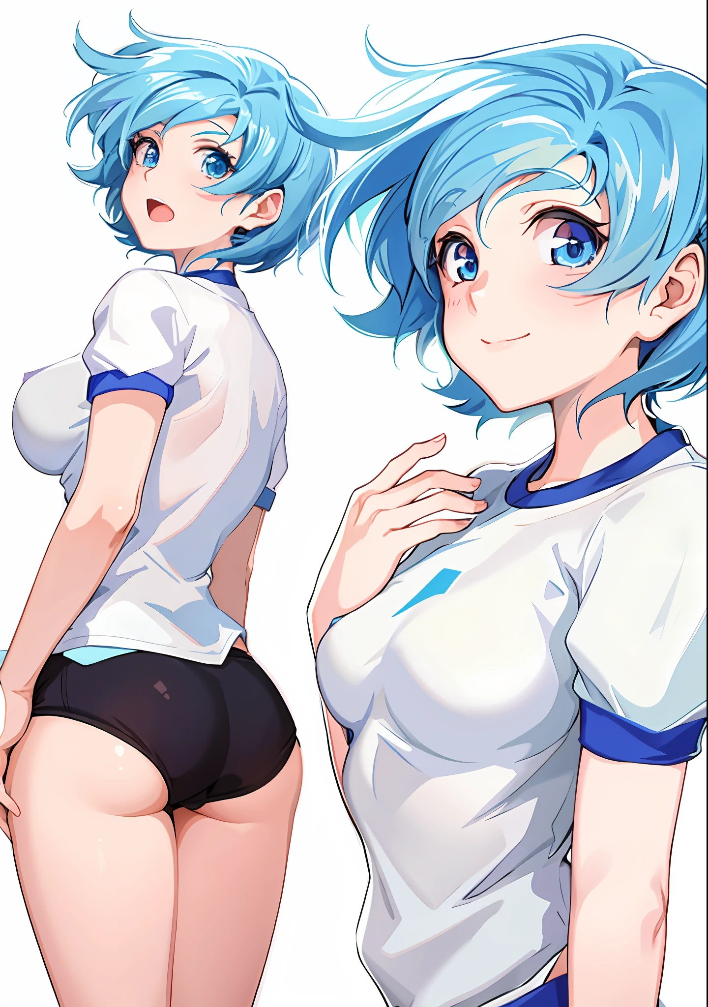 Anime girl with blue hair and white shirt standing next to another girl, Rei Ayanami, ecchi anime style, 8 0 seconds anime art style, anime moe art style, Toei animation style, cel shade anime, 2d anime style, anime style