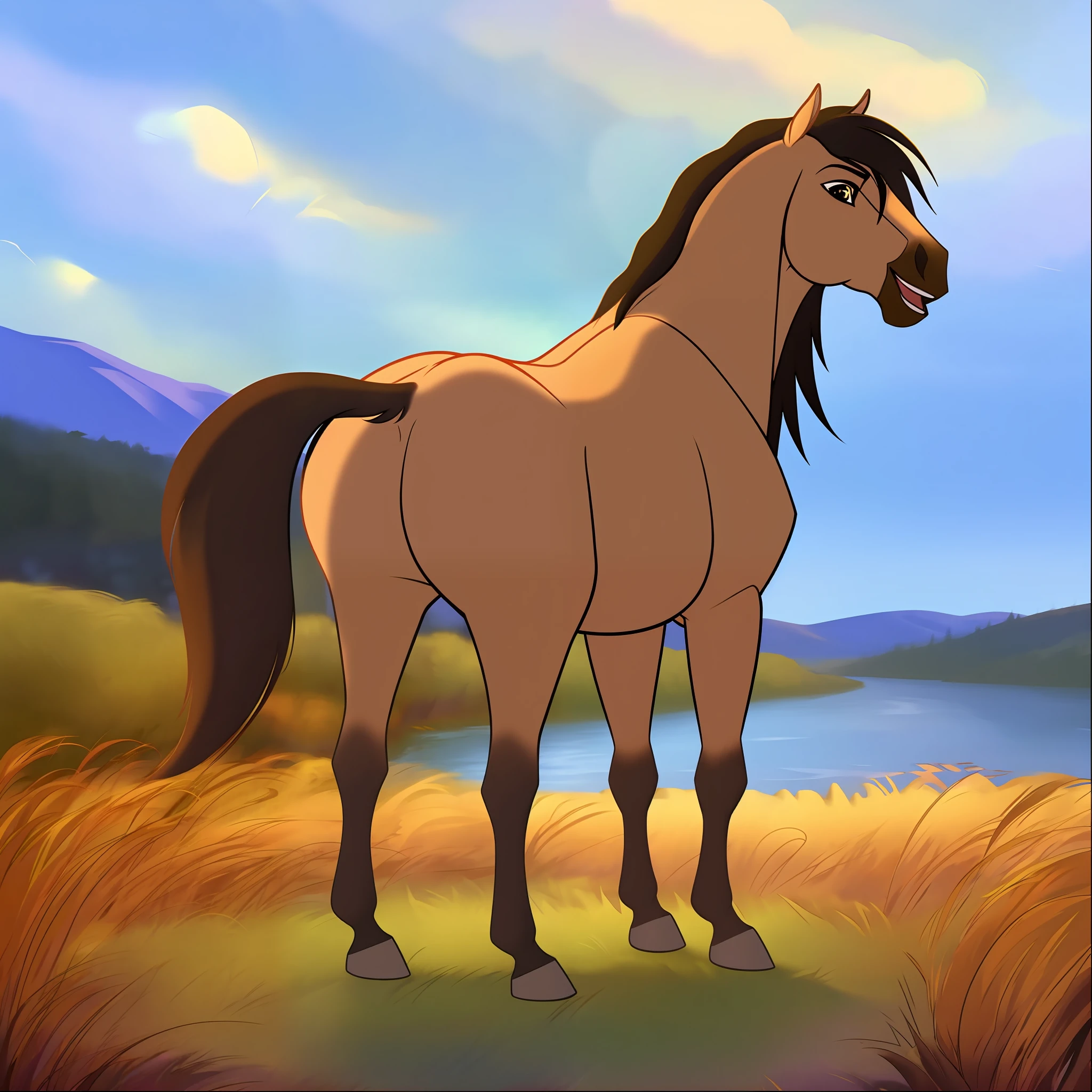 The long tail of the horse covers the hind legs, the long tail