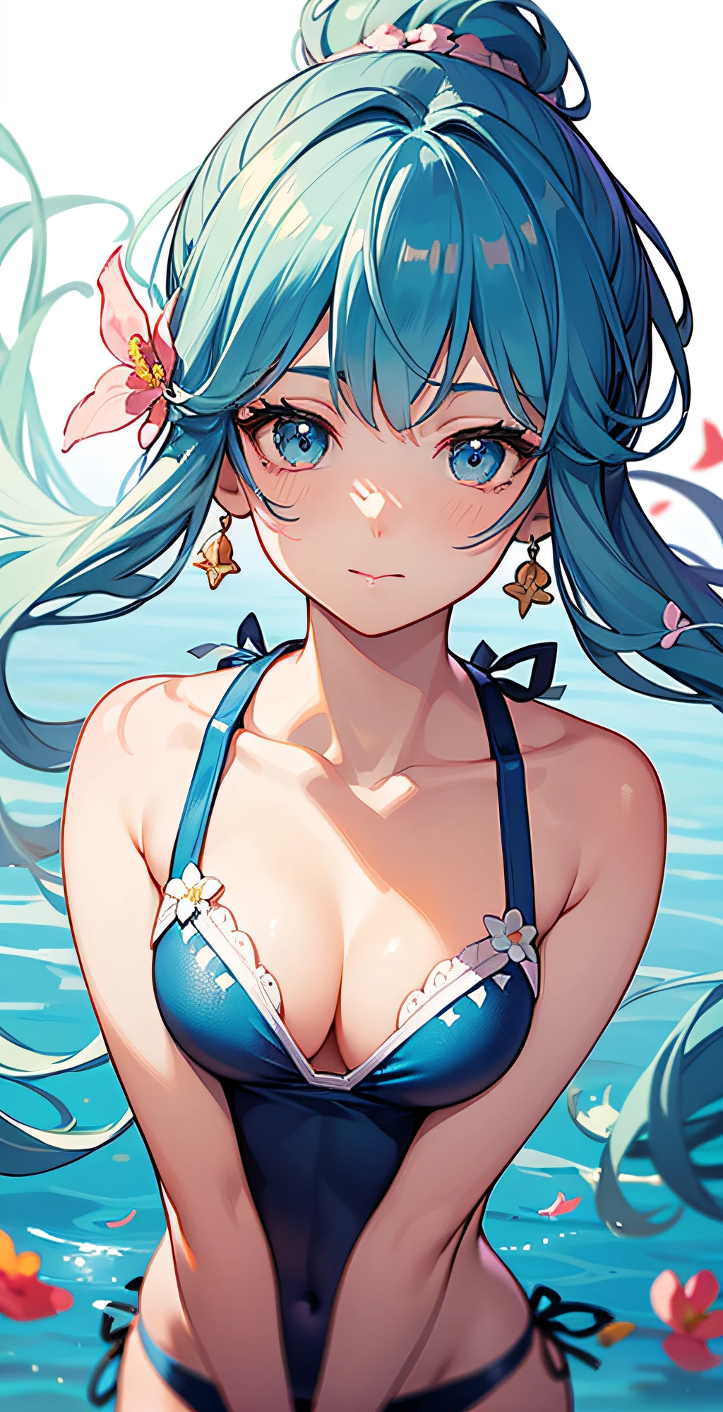 (masterpiece), (best quality), (ultra detailed),(disheveled hair),(illustration), (1girl), (Fashionable clothing), standing, Fashion model, looking at viewer, (interview), (simple background),beautiful detailed eyes, delicate beautiful face, Floating,(high saturation),(colorful splashes),colorful bubble,(shining), focus on face, ponytail, kamisato ayaka, light blue hair, bangs, hair ring, floating flowers, floating hairs, (shining), best lighting, best shadow,masterpiece, top quality, best quality, swimsuit party, in the water,fish,watermelon,cute style, perfect structure, summer theme