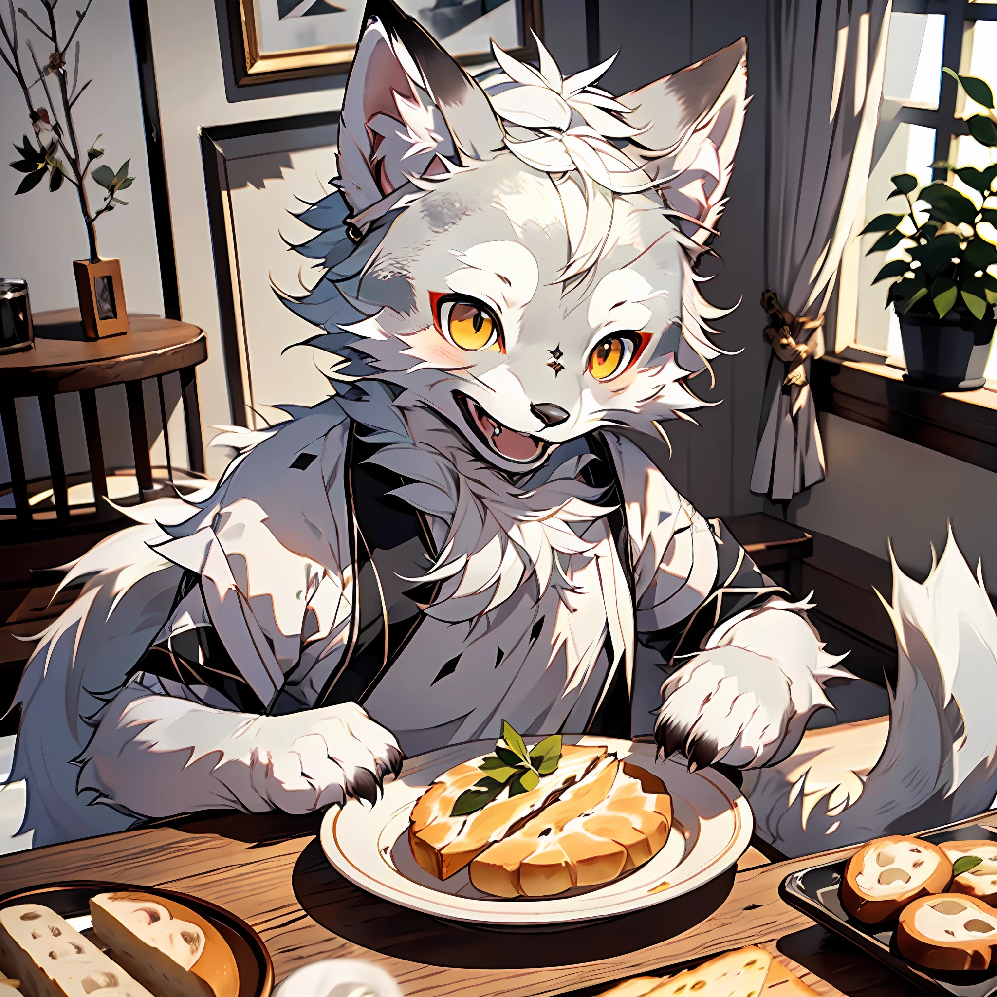 high detail, hyper quality, high resolution, 1080P, solo, furry, (male arctic fox: 1.5), (gray fur: 1.3), gray skin, gray ears, golden eyes, sharp claws, (fluffy tail: 1.2), light smile, maid outfit, maid, in the room, table, bread, HDR, soft