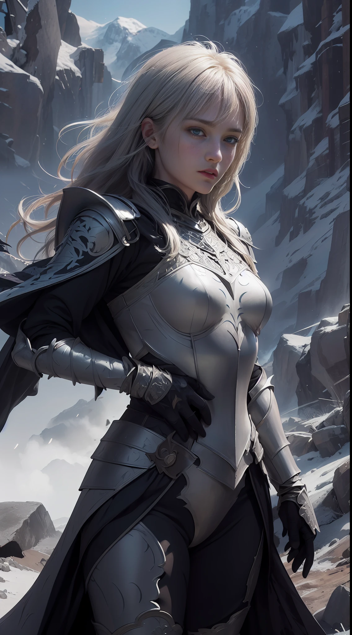 8k,Ultra Detailed, Masterpiece, Best Quality, (Very Detailed), Dynamic Angle, Mystic Emoji, Wind Effect, Fantasy Background, Edge Lighting, Cinematic Light, Ultra High Resolution, 8K Ultra HD, Film Grain, Best Shadow, Delicate, RAW, Light Particles, Detailed Skin Texture, (Fine and Intricate Armor Pattern:2.0), Detailed Face, Intricate Detail, Ultra Detail, Bright, Strong, Silver Armor, (Handheld Weapon), Slash, Slash Action, Palanquin, Glowing Eyes, Light Magic, Long Cloak, Fantasy, (Reality), Shoulder Armor, (Complex, Intricate: 2.0), Perfect Lighting, Looking at the Audience, Movie Lights, Flying in the Sky, Flying, Holy Light, Vivid, Bangs, Wind, Frozen Mountains, Long White Wave Hair, Lich Queen