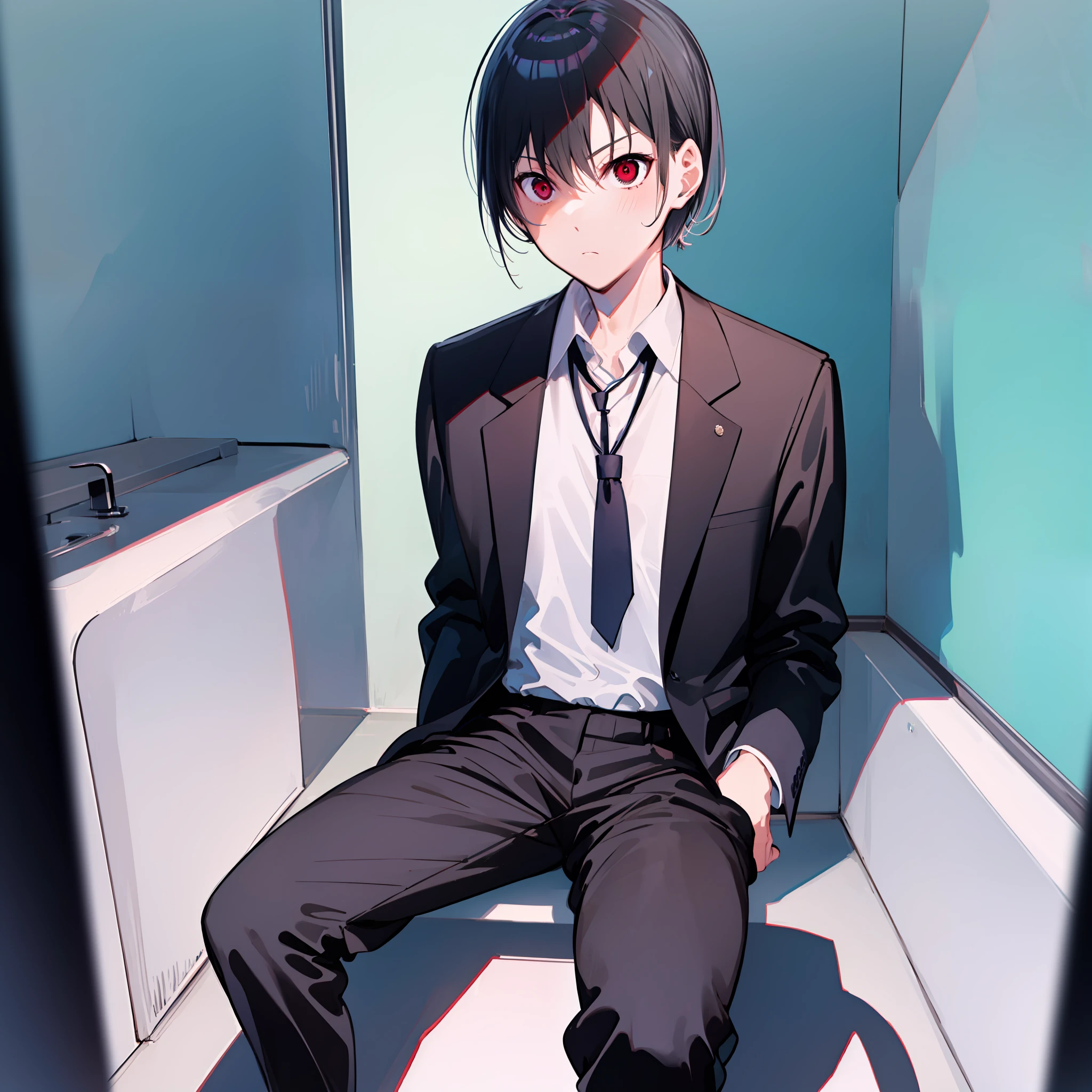 ((masterpiece)), ((best quality)), highres, There's only one person, 1boy, kiyotaka ayanokoji, 15 year old teenage boy, school uniform white shirt black jacket open jacket black tie long black pants sitting, red eyes, short black hair, anatomically correct full body, has a jesus necklace around his neck, normal legs, wears black shoes, (He is standing inside a bathroom looking at the mirror of a bathroom),  ((he has a scared face and confusion)), ((complete detallado escenario)), ((misterio)), ((terror)), ((tense environment))