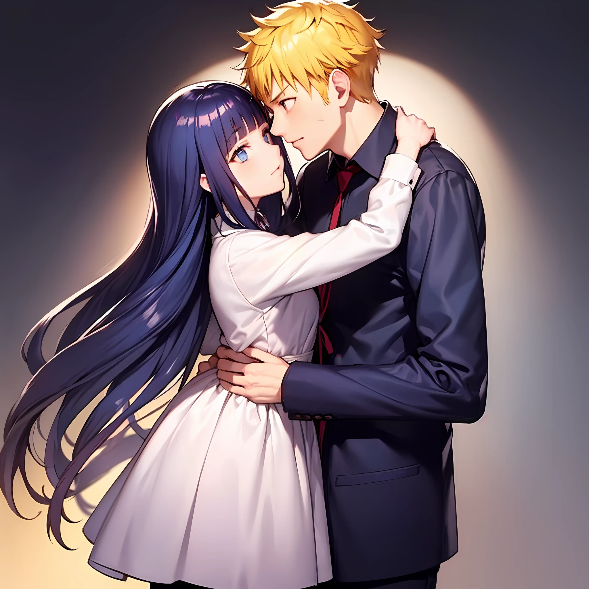 blonde man, dark blue hair girl, naruhina, hug, masterpiece, couple, standing, royalti, nobility