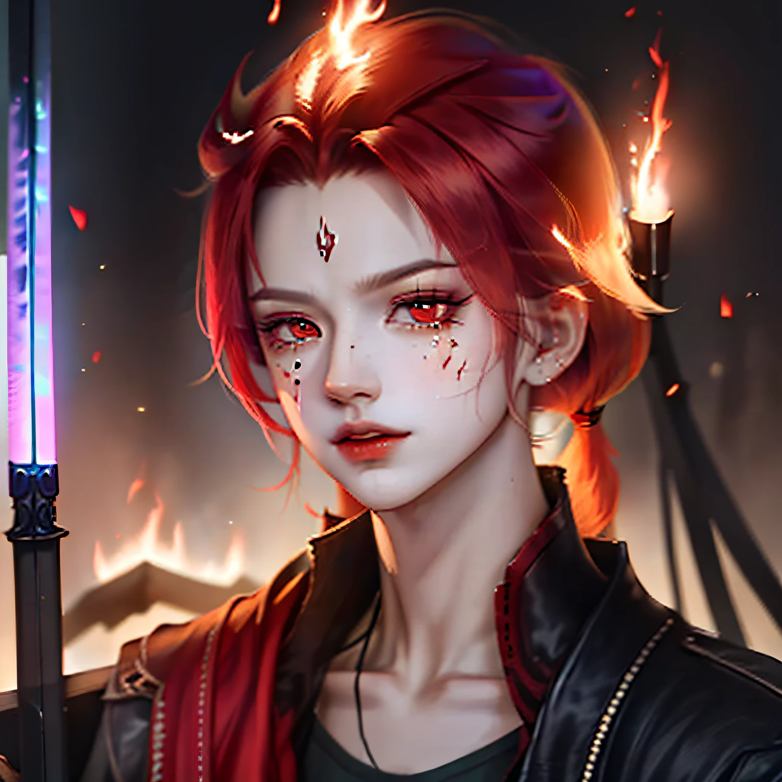 Young male, red hair, red eyes, Genshin Vision Impact, pigtails, holding a two-handed sword, Flame Element, Black Clothes, Best Light and Shadow, Genshin Visual Impact. --auto