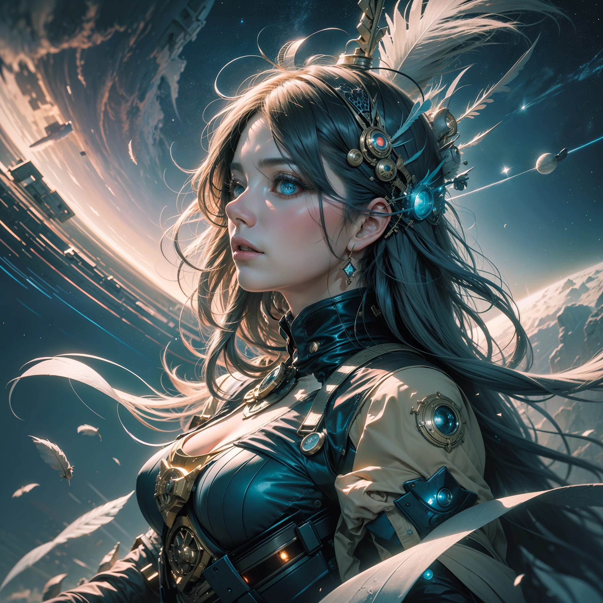 (((hyper detail))),(Extreme detail CG Unity 8K wallpaper, masterpiece, top quality), (exquisite lighting and shadows, very dramatic image, beautiful girl), (cinematic lens effect), concept art, starry sky, night city, neon, haze, looking far away, profile, Alphonse Mucha, decadence, ruin, space, full body, feathers, colorful, royal costume, charming smile, Odd Eye, Blue Eyes, (Dynamic Pose), Background is Space (Excellent Detail, Good Lighting, Wide Angle), Excellent Rendering, Decadent, Grain Film, Detailed Gradient
