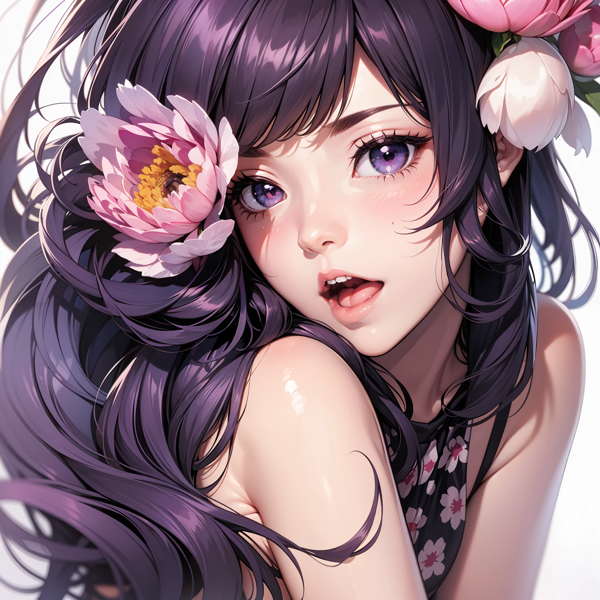 Best image quality Original character, very sexy look, glossy pin clip gloss, volume lighting, peony print dress, purple long hair