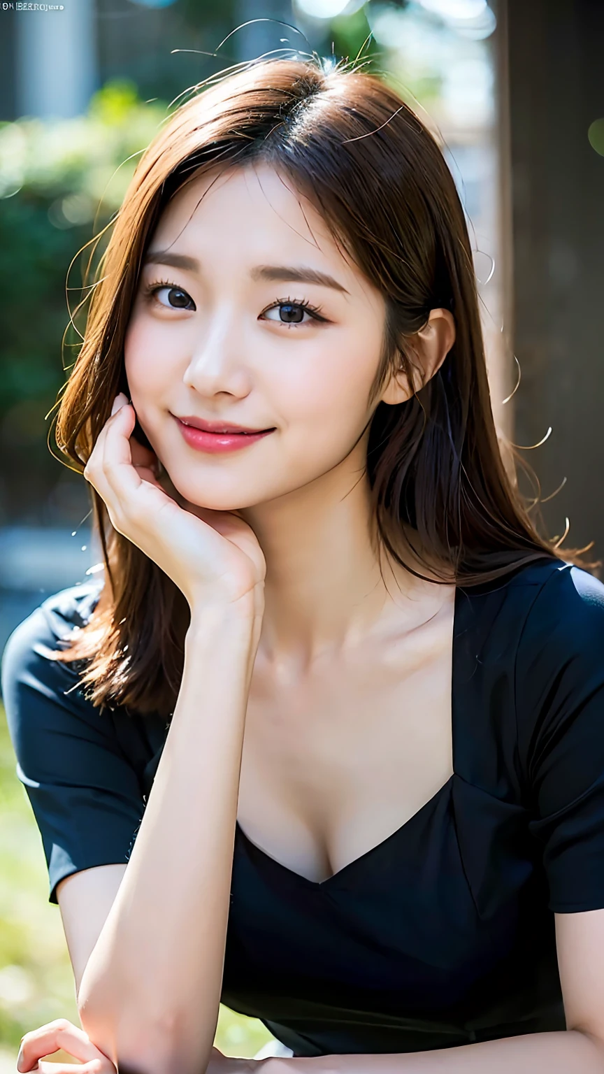 (8k, RAW photos, top quality, masterpiece: 1.2), ultra detailed, super resolution, (real, real photos: 1.37), portraits, high definition RAW color photos, professional photos, very detailed and beautiful, highly detailed, 8k wallpapers, amazing details, huge file size, official art, highly detailed CG Unity 8k wallpapers, highly detailed beautiful girls, highly detailed faces, Very detailed eyes, very detailed skin, very detailed fingers, very detailed nose, very detailed detailed mouth, very beautiful face and eyes, arafe asian woman with long brown hair and black dress, gorgeous young korean woman, beautiful korean woman, beautiful young korean woman, korean girl, korean woman, friendly seductive smile, beautiful asian girl, attractive neck, Jae Young Nam, Little cute smile, beautiful and smiling, young adorable Korean face, 2 , hot female ninja with shining sun, ninja, kunoichi, blue costume, huge breasts, micro skirt, elbow gloves, anchor hair ornament,