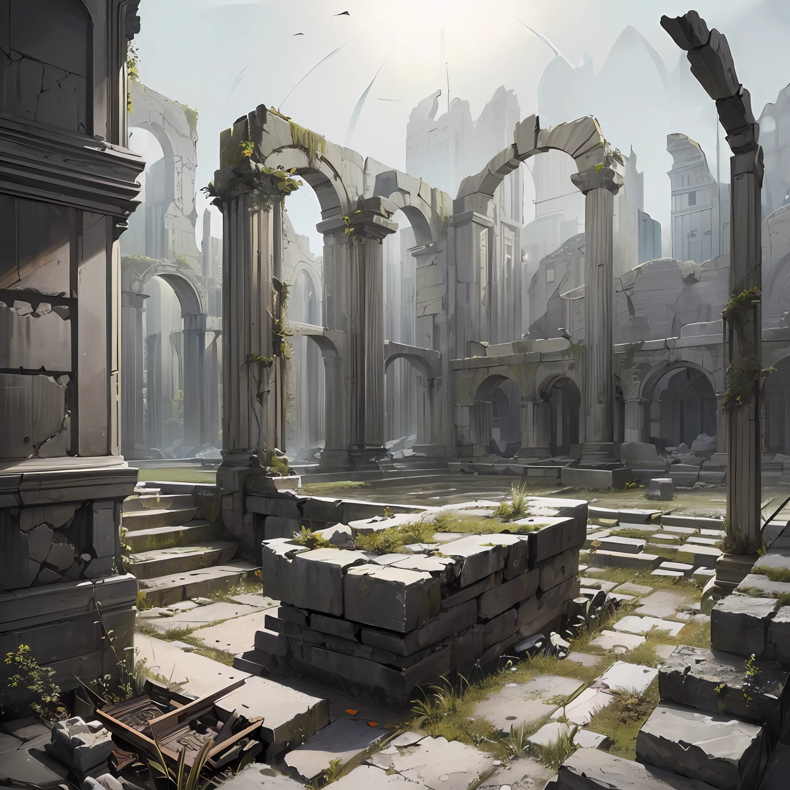 (background ancient ruins), original,(illustration:1.2 black and white),(best quality), (masterpiece:1.2), (8k wallpaper, black and white image, made in HB graphite pencils, (panoramic photo:1.4),(full body:1.05), (splashes),((GRAPHITE)), sharp focus, Ancient robot, old, rusty scrap, outdoor, stones, ruins, red eyes, forehead --auto
