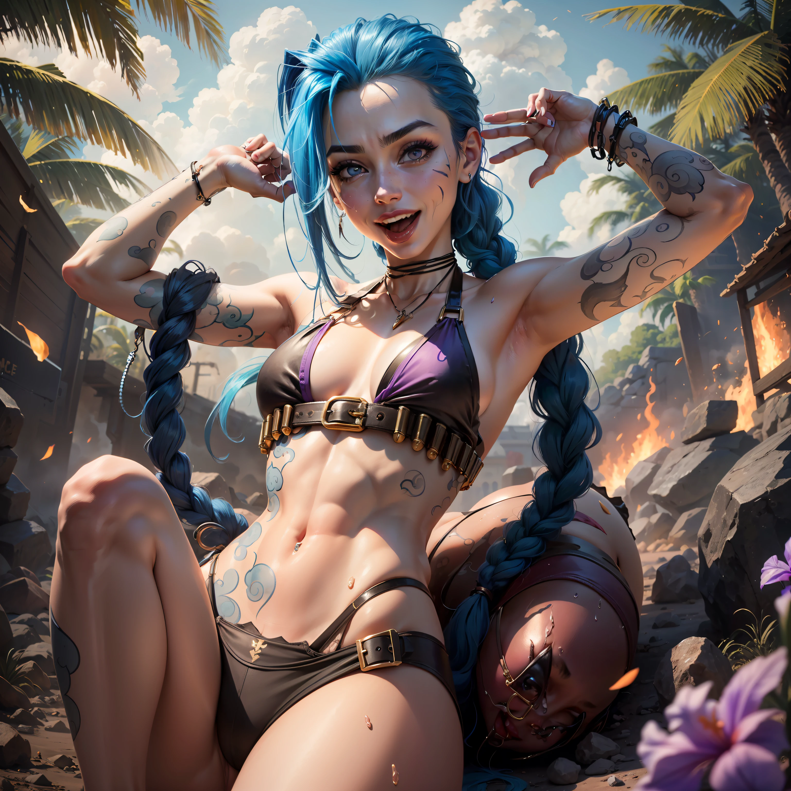 Jinx, lol, happy, in black bikini, looking at the spectator, moist body, big explosion in the background, sensuality in the body, small chest, tight bikini, purple iris, provocative, showing the tongue, breast beak marking, perfect hand with 5 fingers, prime work, best quality, all fingers of the hands