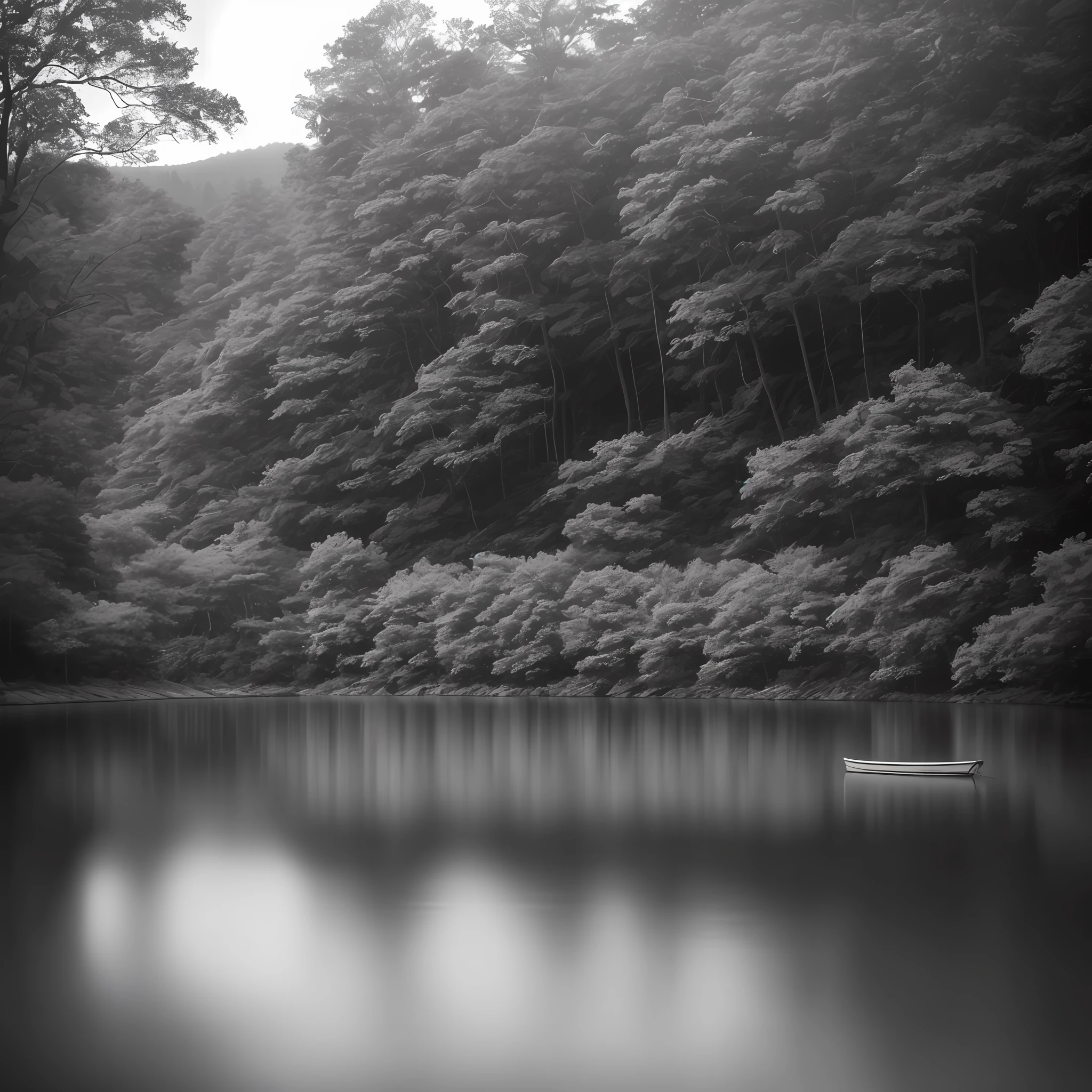 Photographic print, a serene lake, in a forested valley, long exposure shot, Tranquil, Ansel Adams --auto