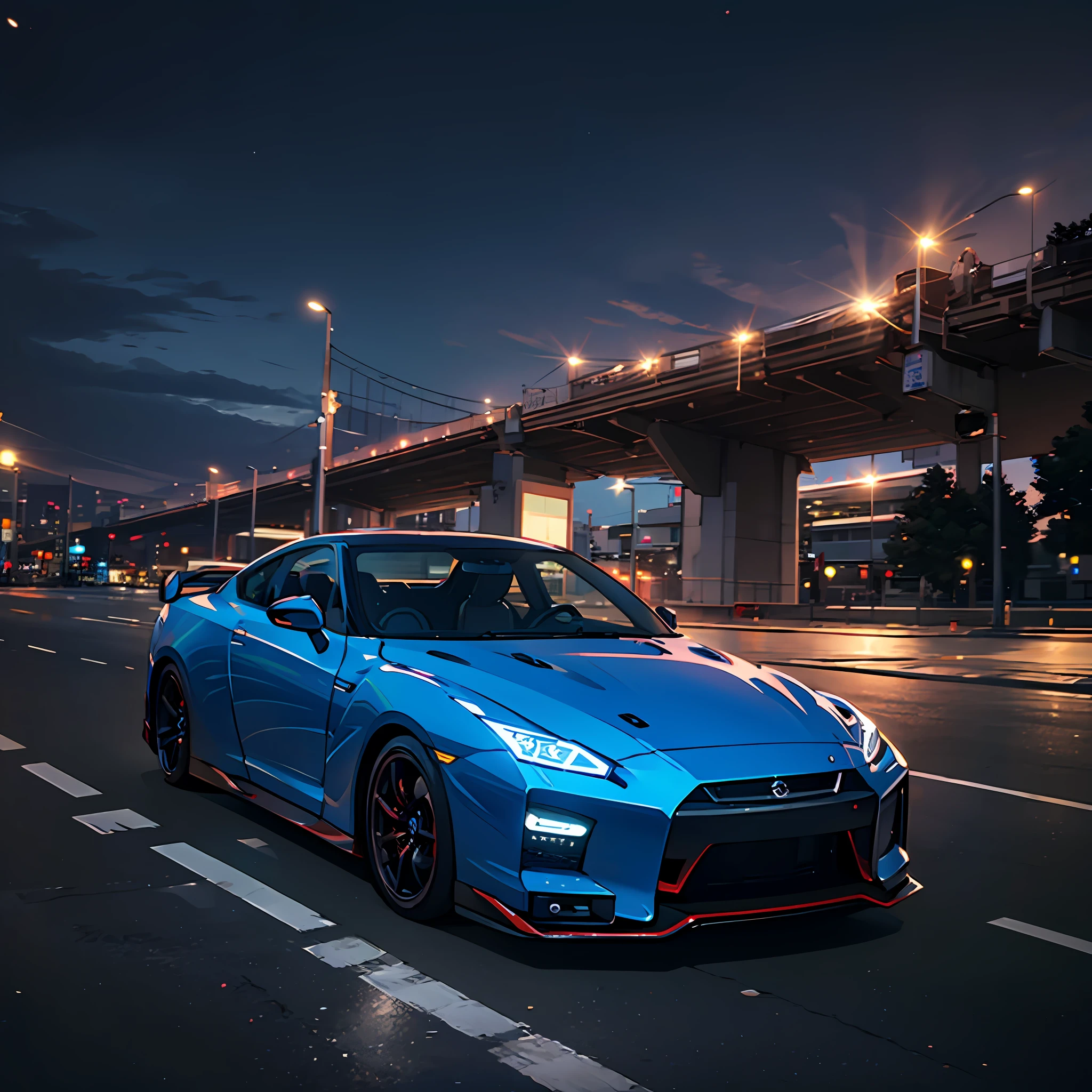 1 Nissan GTR, flying in Akinayama, bright night, ultra-wide angle lens, cinema lens, HD, realistic, 8K --auto