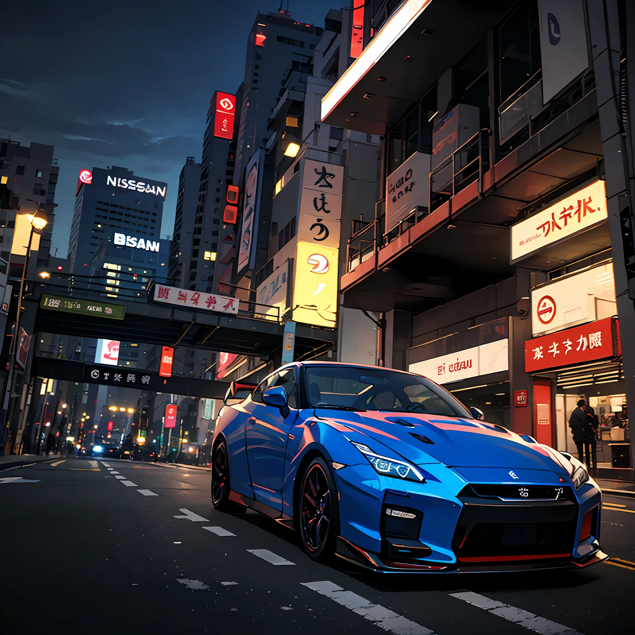 1 Nissan GTR, flying in Akinayama, bright night, ultra-wide angle lens, cinema lens, HD, realistic, 8K --auto