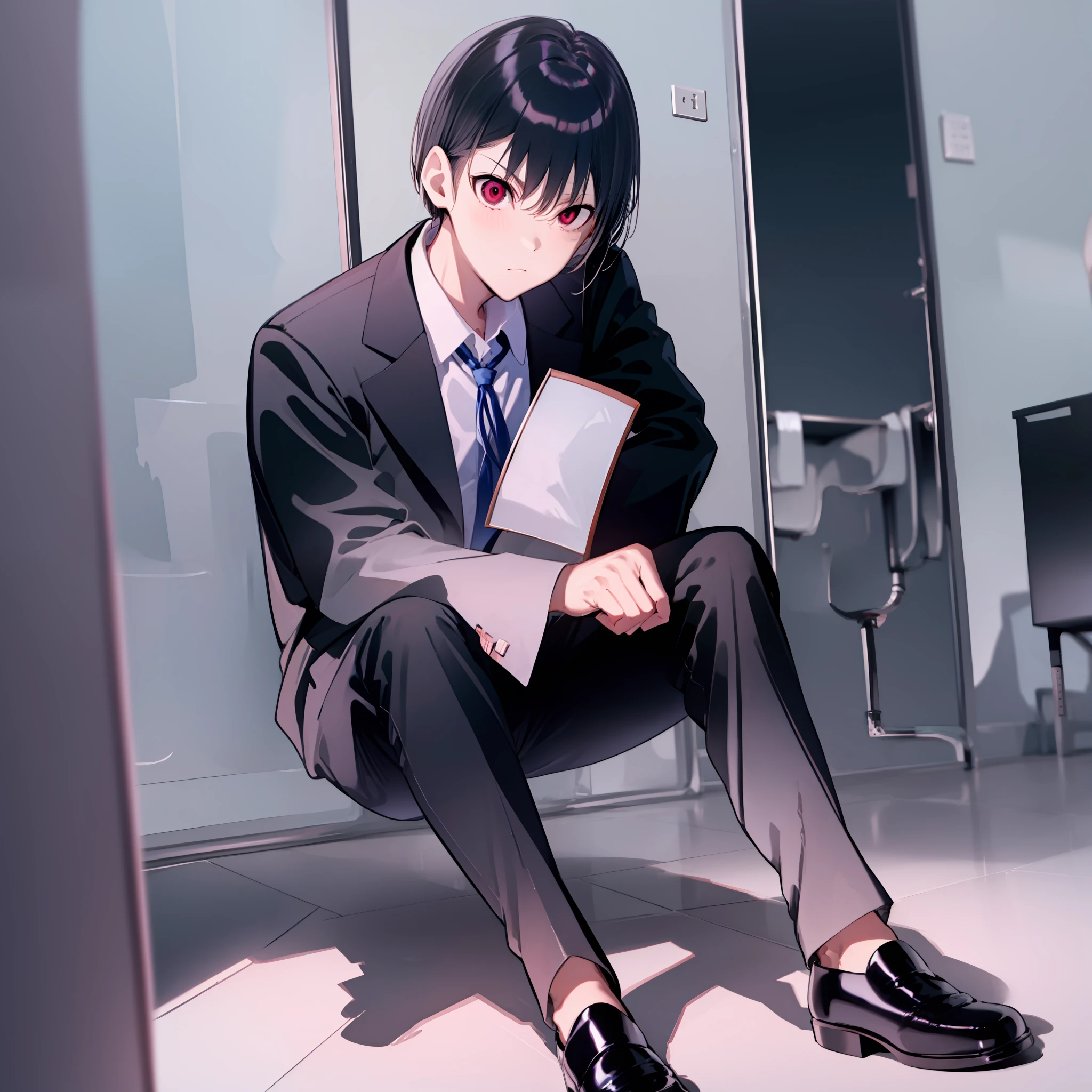 ((masterpiece)), ((best quality)), highres, There's only one person, 1boy, kiyotaka ayanokoji, 15 year old age boy, school uniform white shirt black jacket open jacket black tie long black pants sitting, red eyes, short black hair, anatomically correct full body, has a jesus necklace around his neck, normal legs, wears black shoes, (He is standing inside a bathroom looking at the mirror of a bathroom),  ((he has a scared face and confusion)), ((complete detallado escenario)), ((misterio)), ((terror)), ((tense environment))