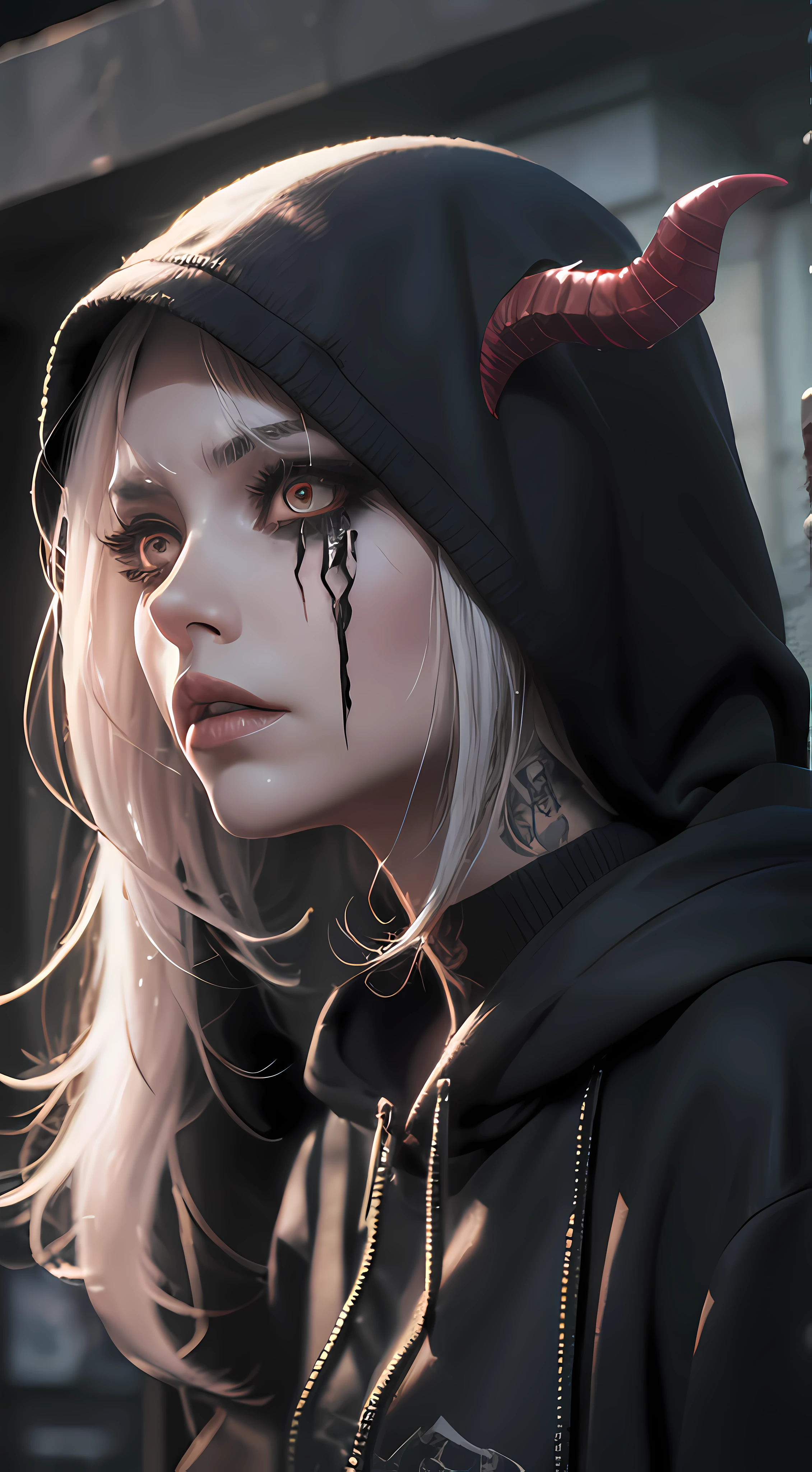 outdoor,(telephoto lens,full body),gyaru,weep,tears, slender fingers, exquisite facial features, prefect face,illustration,horror girl, tattoos, portrait of the god of death, angel of death, demon noble character design, Peter Morbach style, demon soul concept art,Cotton hoodie,unbuttoned clothes,,