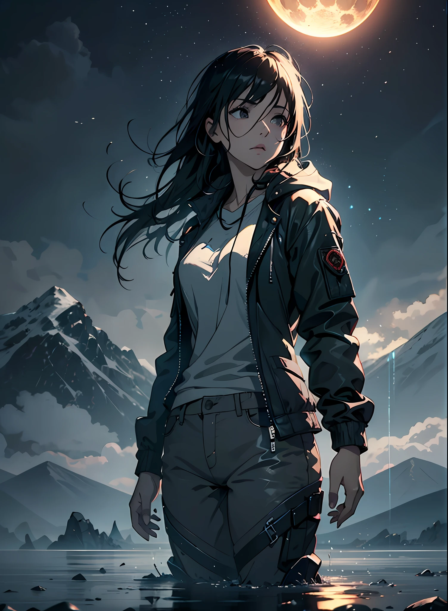 16K, HDR, RTX, ray tracing, anisotropic filtering, subsurface scattering, albedo, dark vast open landscape, total solar eclipse, Best quality, masterpiece, highly detailed, 1 girl ,solo, closeup, beautiful, jacket, long pants, long hair, in a post apocalyptic world, massive open landscape, grey clouds, no grass, hideo kojima style, gloomy atmosphere, windy, foggy, mysterious, main palette is grey, tense, serious, dangerous, horizon, mountains, rain, shallow water