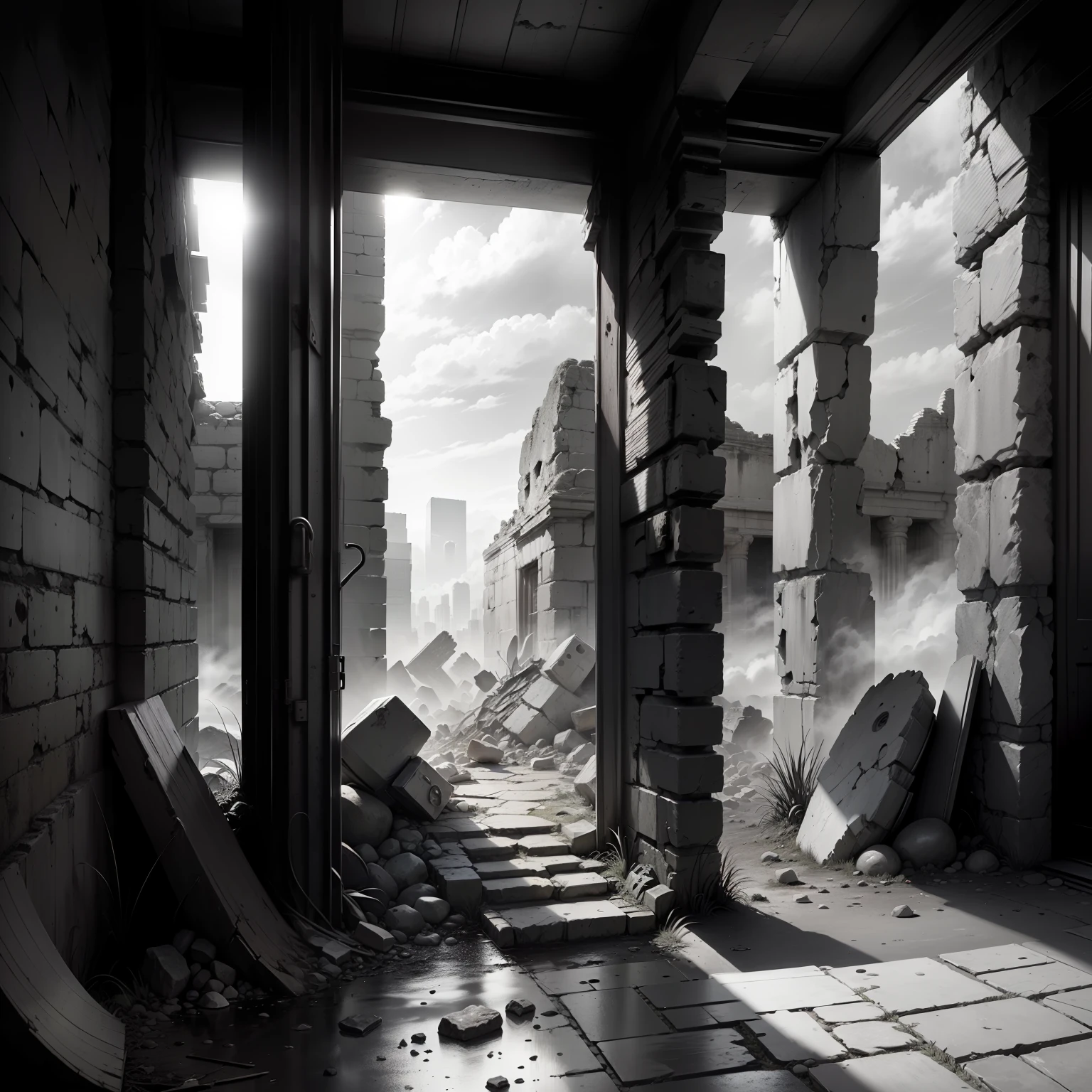 (background ancient ruins), original,(illustration:1.2 black and white),(best quality), (masterpiece:1.2), (8k wallpaper, black and white image, made in HB graphite pencils, (panoramic photo:1.4),(full body:1.05), (splashes),((GRAPHITE)), sharp focus, Robot, old, old, scrap, rusty, outdoor, stones, ruins, red eyes, forehead --auto