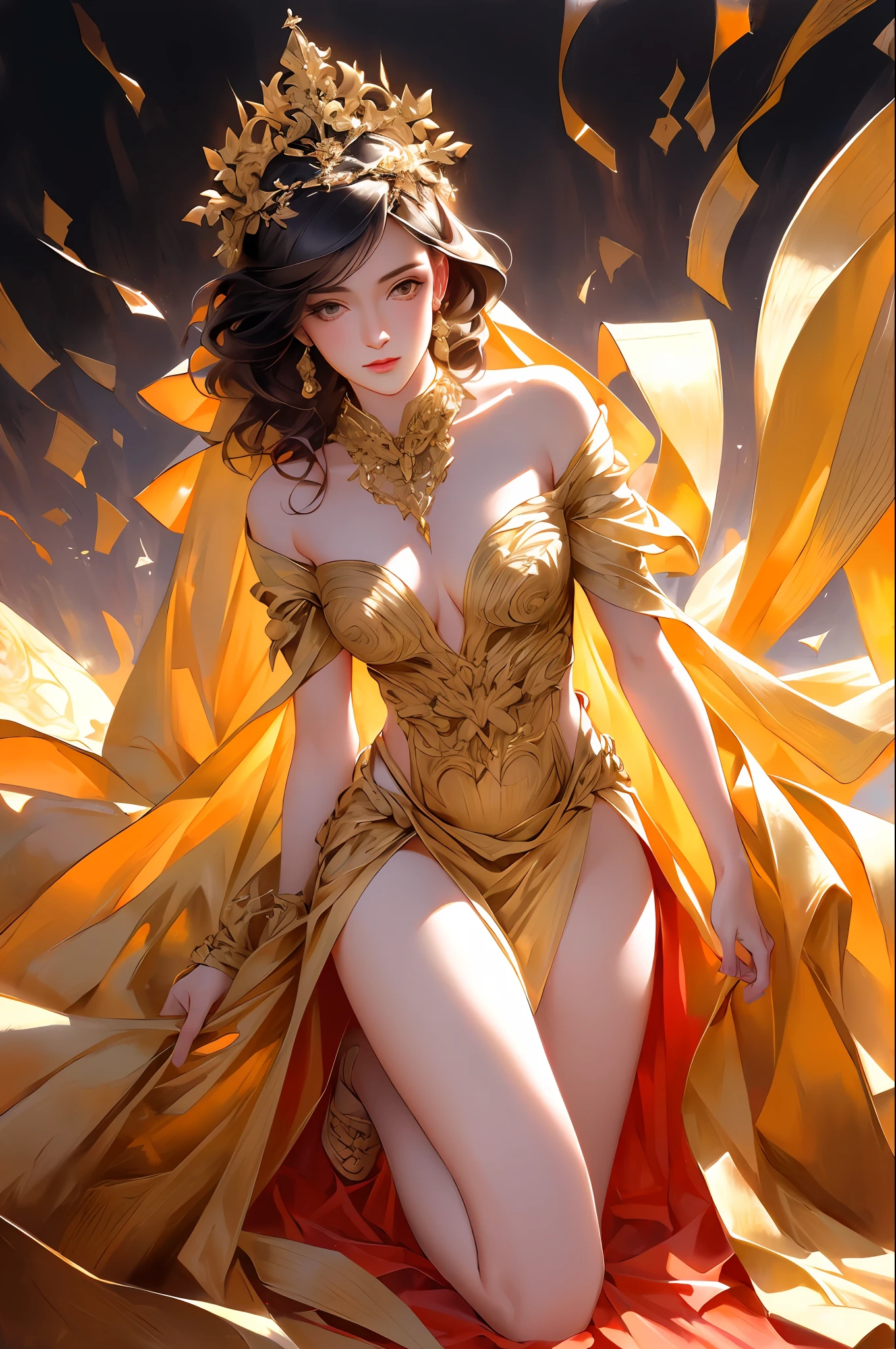 8K raw photo, Best quality, masterpiece, ultra high res, (zentangle, mandala, tangle, entangle),colorful,(photorealistic:1.4), raw photo, 1girl,tall female, skinny, slim_legs, solo,(perfect body shape),holy light,gold foil,gold leaf art,glitter drawing,(full body), ban,yuechan_wedding_lothes