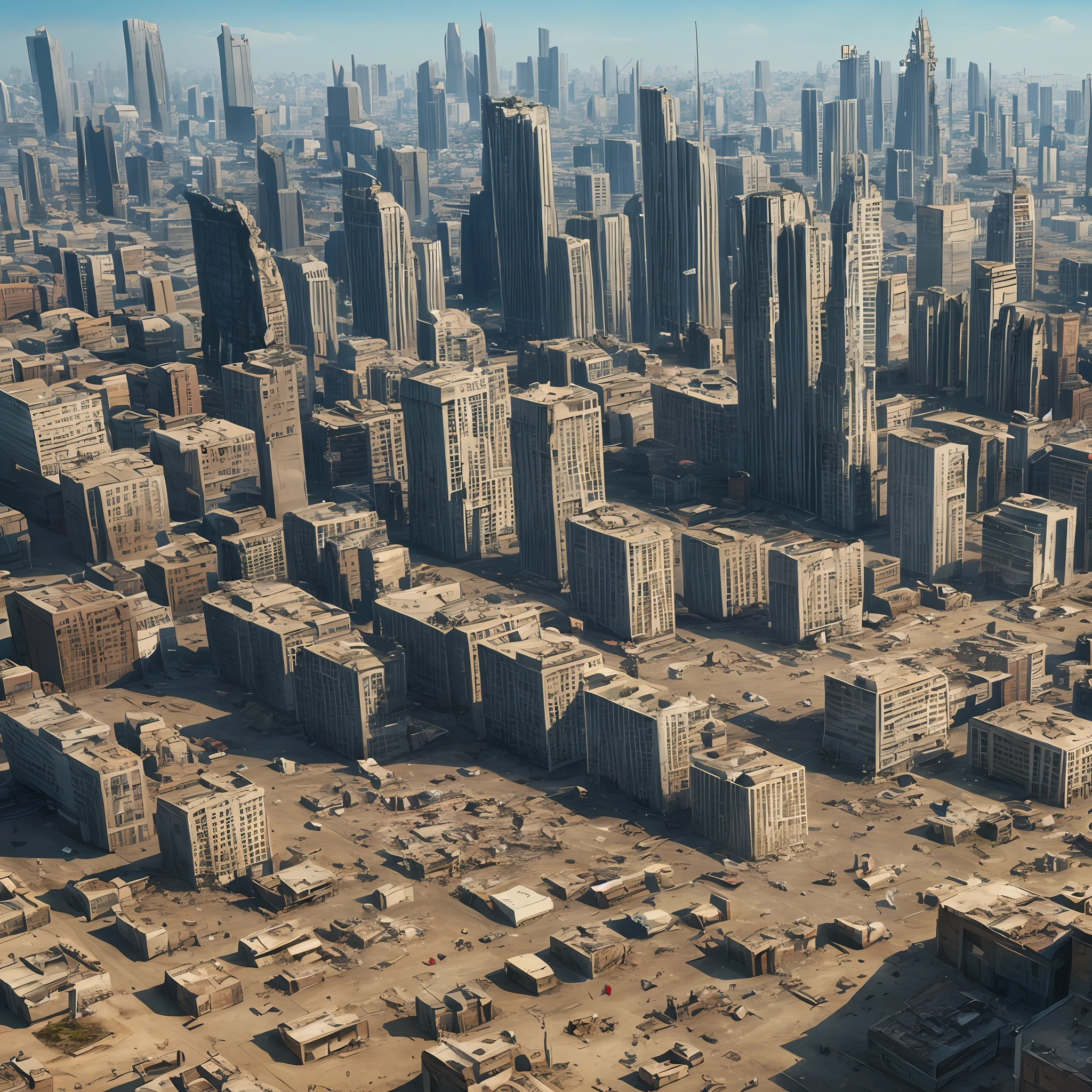 Totally destroyed city seen from above, anime style, 2D animation, realistic, mad max, mazer runner, --auto