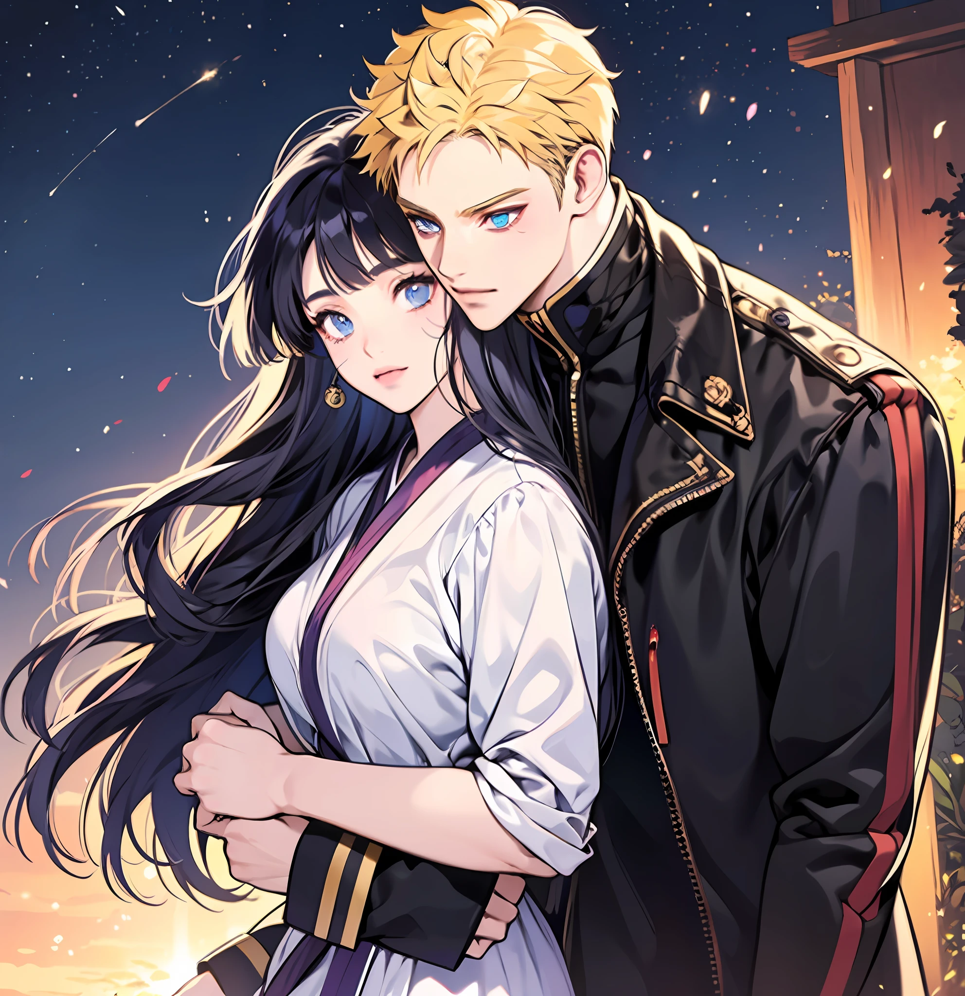 1 girl, 1 boy, hetero, blonde man, dark blue hair girl, naruhina, hug, masterpiece, couple, standing, royalti, nobility, naruto and hinata, purple eyes girl, blue eyes boy