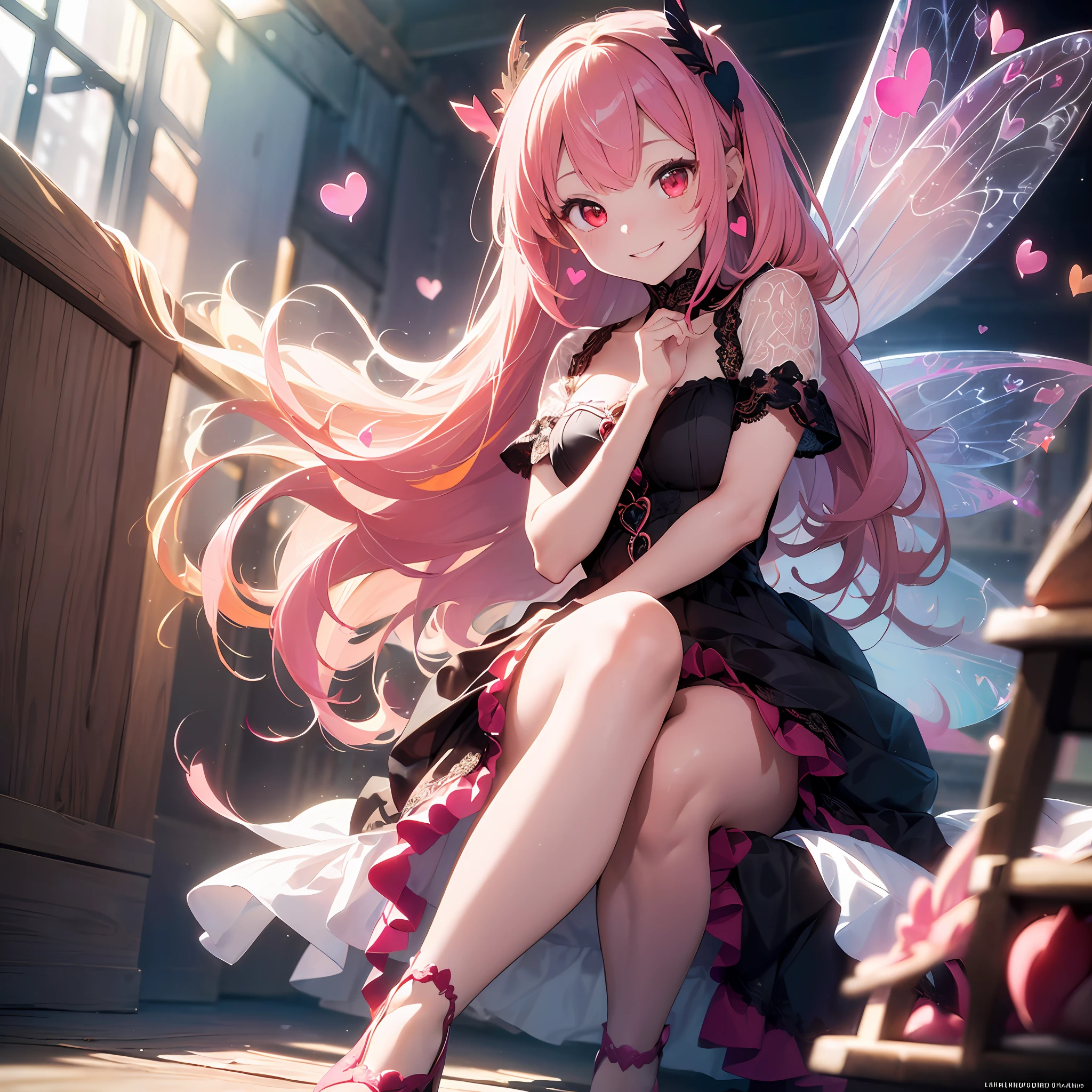 (masterpiece), (realistic), (best quality), (ultra-detailed),  amazing, ((fairy of love, red eyes, lace wings, intricate fairy-tale outfit , shoes with hearts, very long white hair with pink strands, multicolored hair, dreamy smile)))), cinematic light, unusual angle and pose,)),