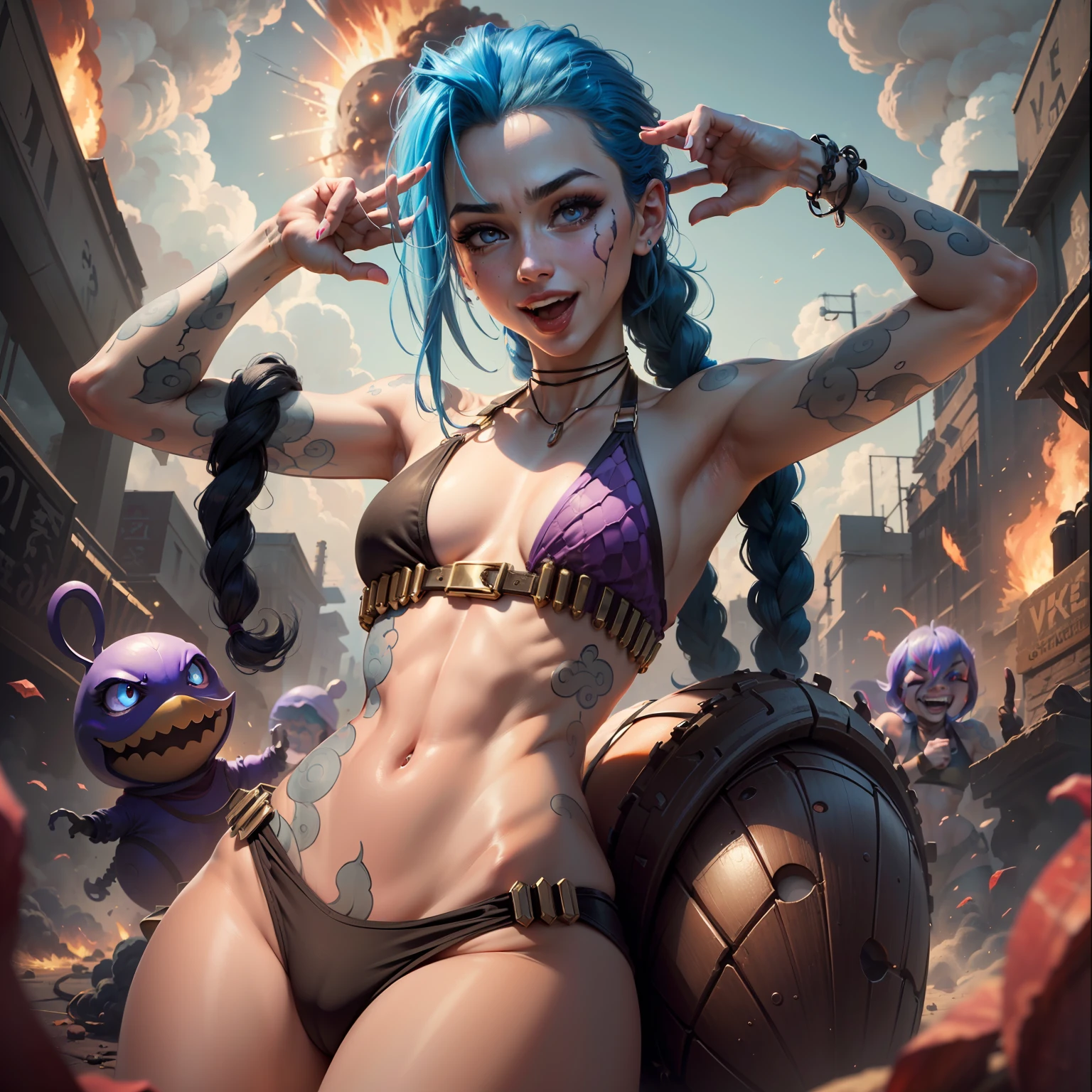 Jinx, lol, happy, in black bikini, looking at the spectator, moist body, big explosion in the background, sensuality in the body, small chest, tight bikini, purple iris, provocative, showing the tongue, breast beak marking, perfect hand with 5 fingers, prime work, best quality, all fingers of the hands