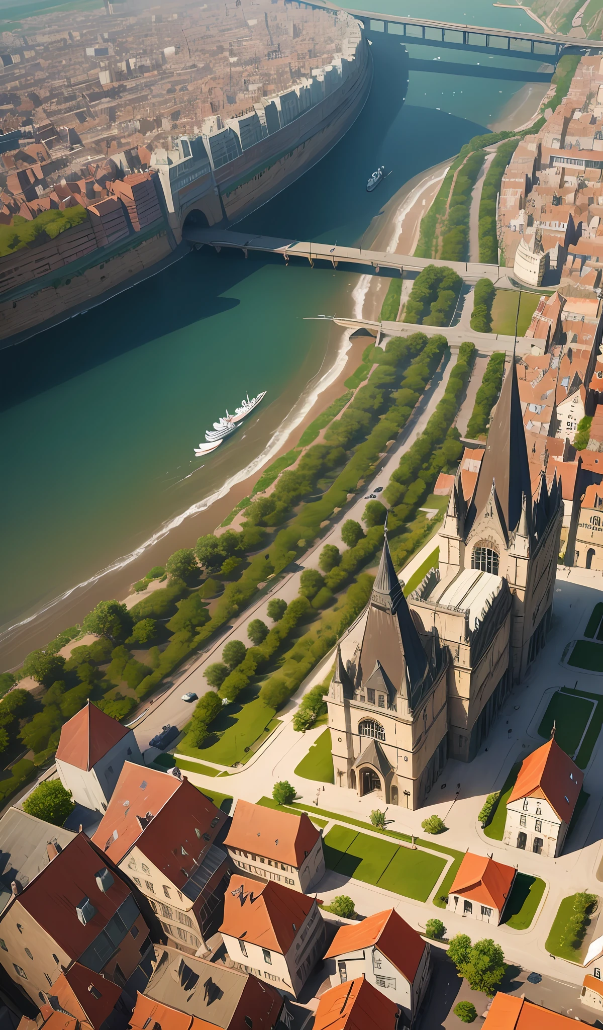 Middle Ages, science fiction, town, aerial view, architectural cluster, beige brick wall, thatched hut, urban circular arrangement, large area, from top to bottom, huge city, League of Legends style, illustration style, commercial streets across the city, the scenery is beautiful, spectacular, dense