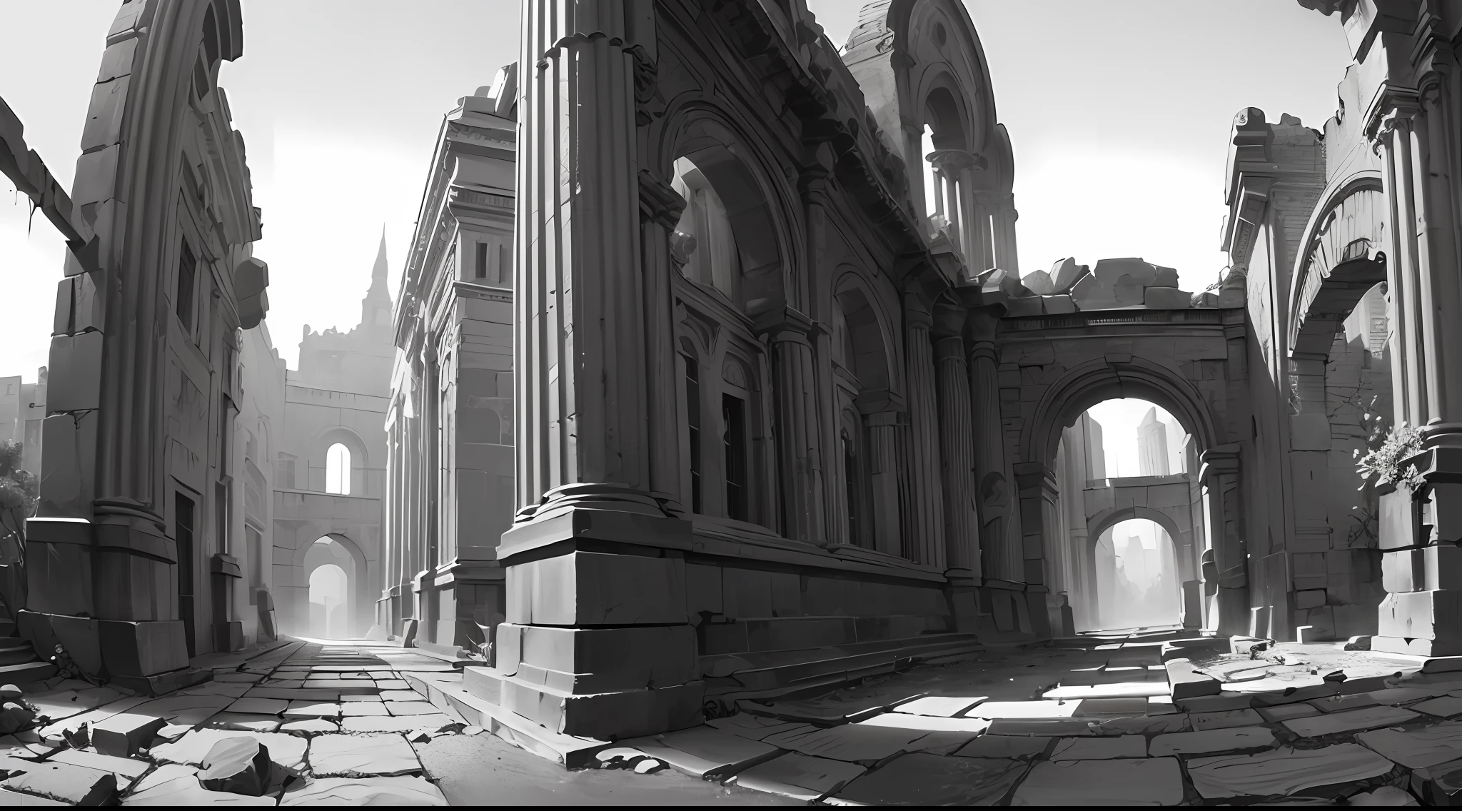 (background ancient ruins), original,(illustration:1.2 black and white),(best quality), (masterpiece:1.2), (8k wallpaper, black and white image, made in HB graphite pencils, (panoramic photo:1.4),(full body:1.05), (splashes),((GRAPHITE)), sharp focus, Robot, old, old, scrap, rusty, outdoor, stones, ruins, red eyes, forehead --auto