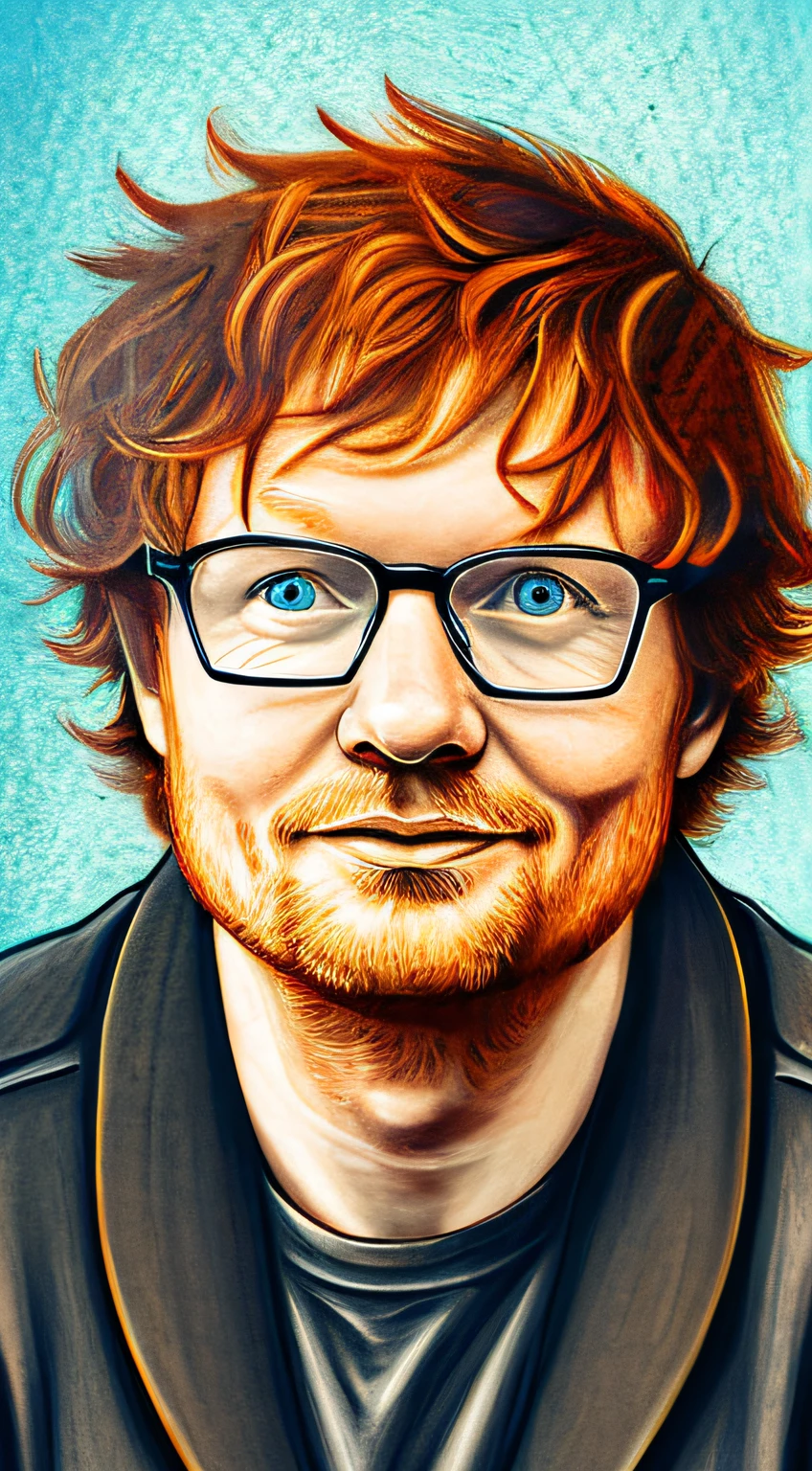 1man, old, very Ed Sheeran, fat a little, deeply carved eyes, very narrow eyes, wearing glasses, black frame glasses, long sleeves, confident, passion, gentle, portrait, front look, 4k, high-res, best quality, illustration --auto