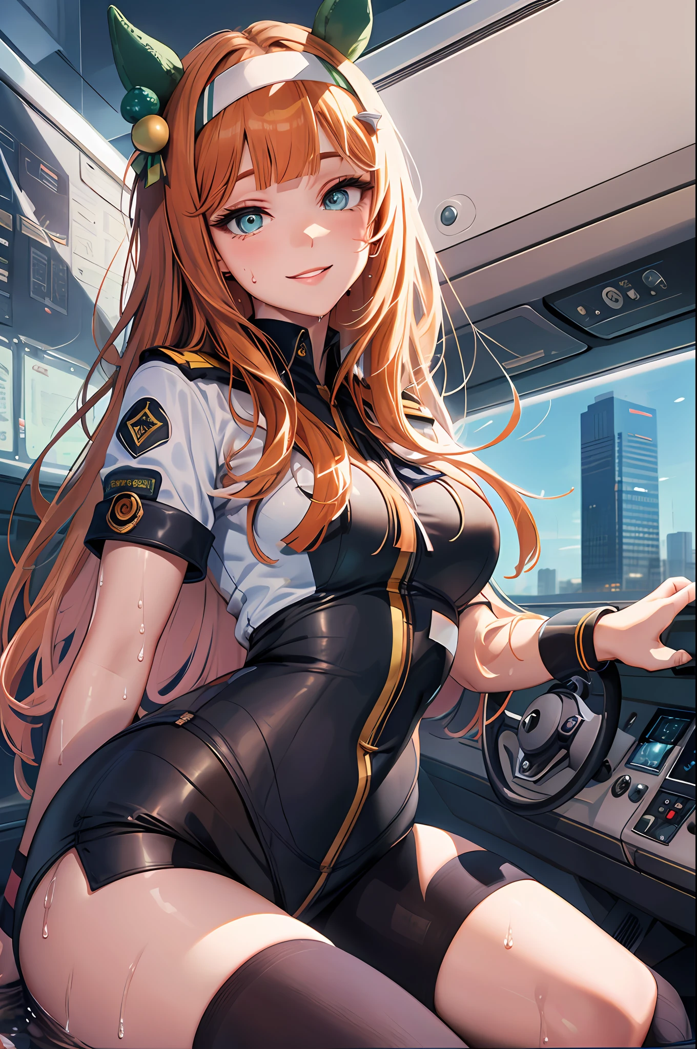 Masterpiece, top quality, high resolution, silence suzuka \(umamusume\),horse tail, horse ears, solo, small breasts, lips, lipstick, (While wearing cabin-attendant's uniform:1.2), (innocent and classy girl), medium large breasts, (in an airplane cockpit), (embarrassed smile:1.2), ((Fulll body Shot:1.2)), waist constriction, beautiful legs, accurate, anatomically correct, Very Detailed Face and Skin Texture, natural Cheeks, wet eyes, Glossy Lips:1.4, waist constriction, beautiful legs, healthy skin