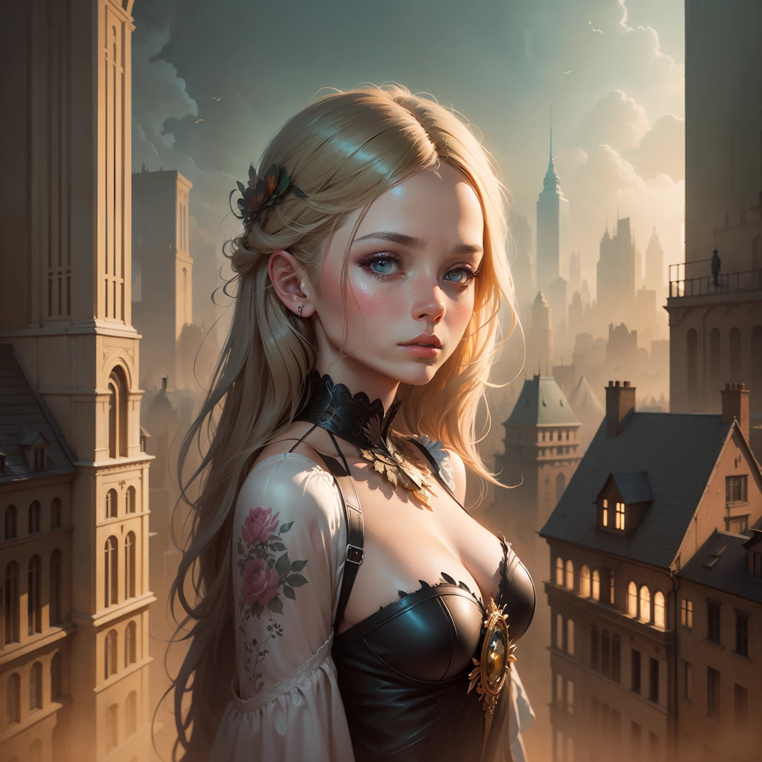 painting of a woman with a city in the background, a beautiful artwork illustration, art of alessandro pautasso, matte painting of human mind, surreal illustration, enviromental portrait, artistic illustration, stunning digital illustration, surreal painting, exquisite digital illustration, painterly illustration, surreal concept art, elaborate digital art, surreal digital art, emotional concept art, watercolor illustration style