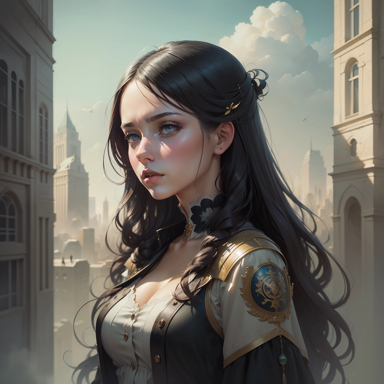 painting of a woman with a city in the background, a beautiful artwork illustration, art of alessandro pautasso, matte painting of human mind, surreal illustration, enviromental portrait, artistic illustration, stunning digital illustration, surreal painting, exquisite digital illustration, painterly illustration, surreal concept art, elaborate digital art, surreal digital art, emotional concept art, watercolor illustration style