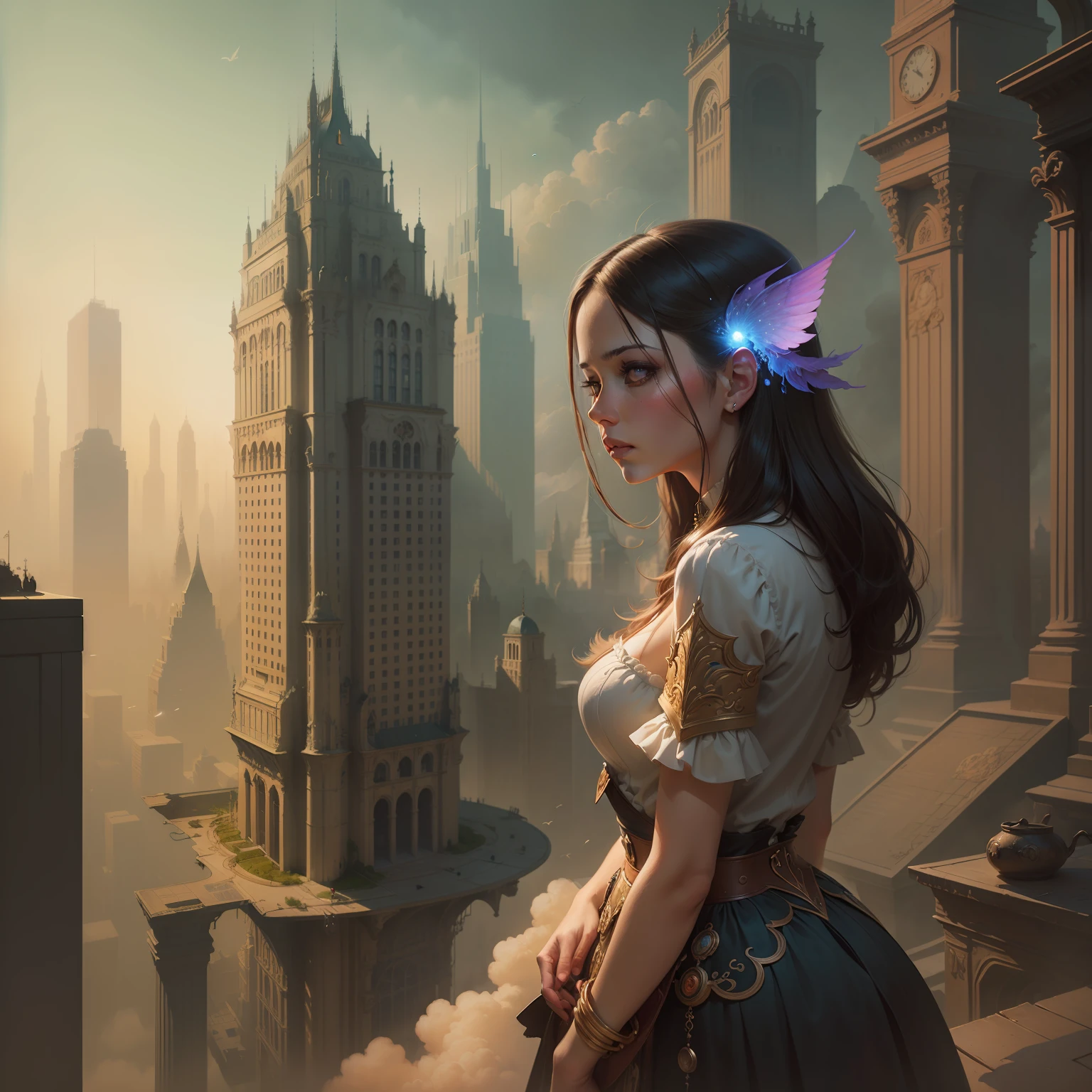 painting of a woman with a city in the background, a beautiful artwork illustration, art of alessandro pautasso, matte painting of human mind, surreal illustration, enviromental portrait, artistic illustration, stunning digital illustration, surreal painting, exquisite digital illustration, painterly illustration, surreal concept art, elaborate digital art, surreal digital art, emotional concept art, watercolor illustration style