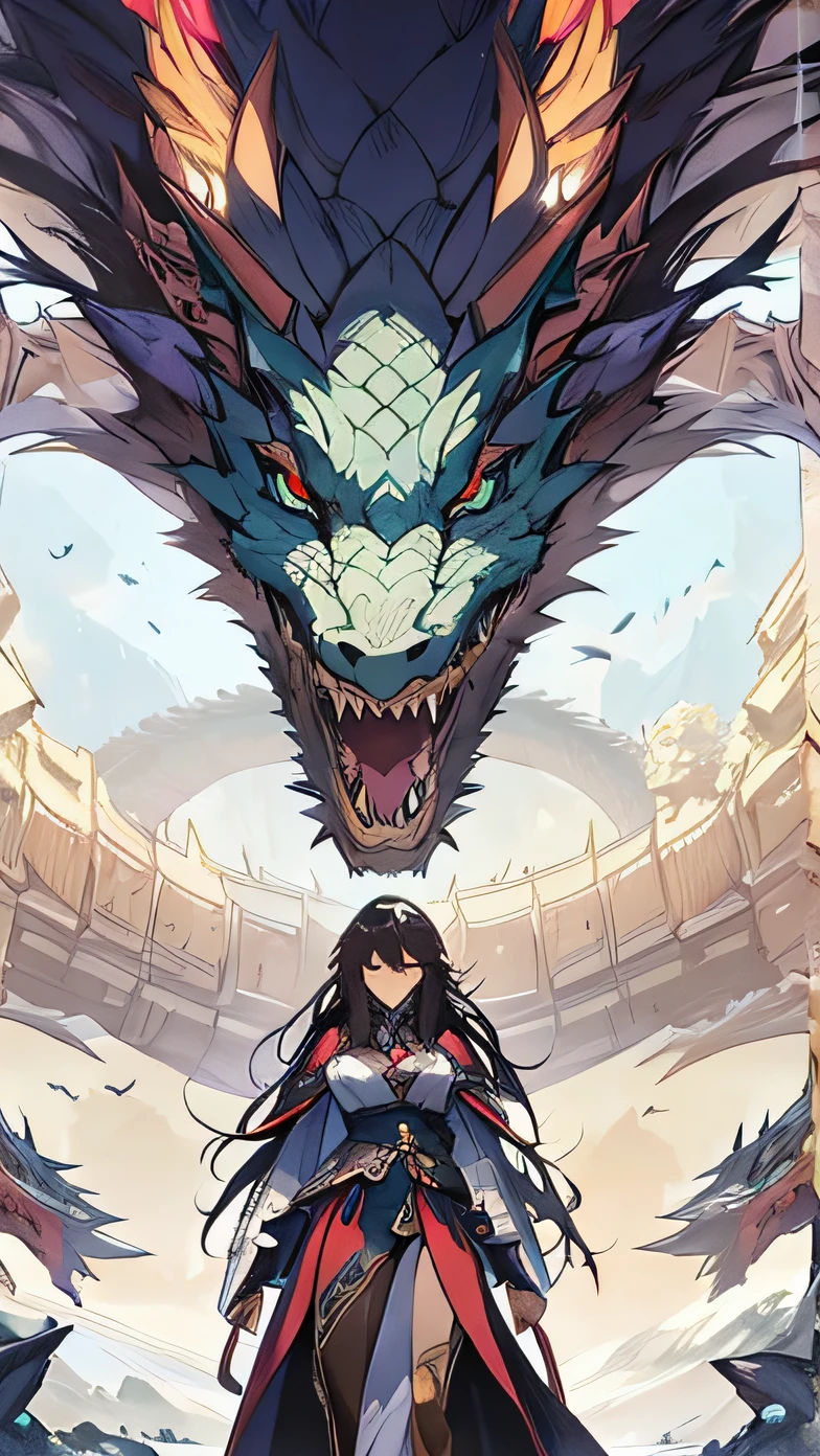 Close up of a man standing in front of a dragon, 30 year old woman with long black hair, ancient blue fairy robe, dragon in background, queen of dragons, epic anime style, dragon queen, dragon god, fantasy style anime, detailed anime artwork, trending anime art, epic anime fantasy, detailed anime art, anime epic artwork