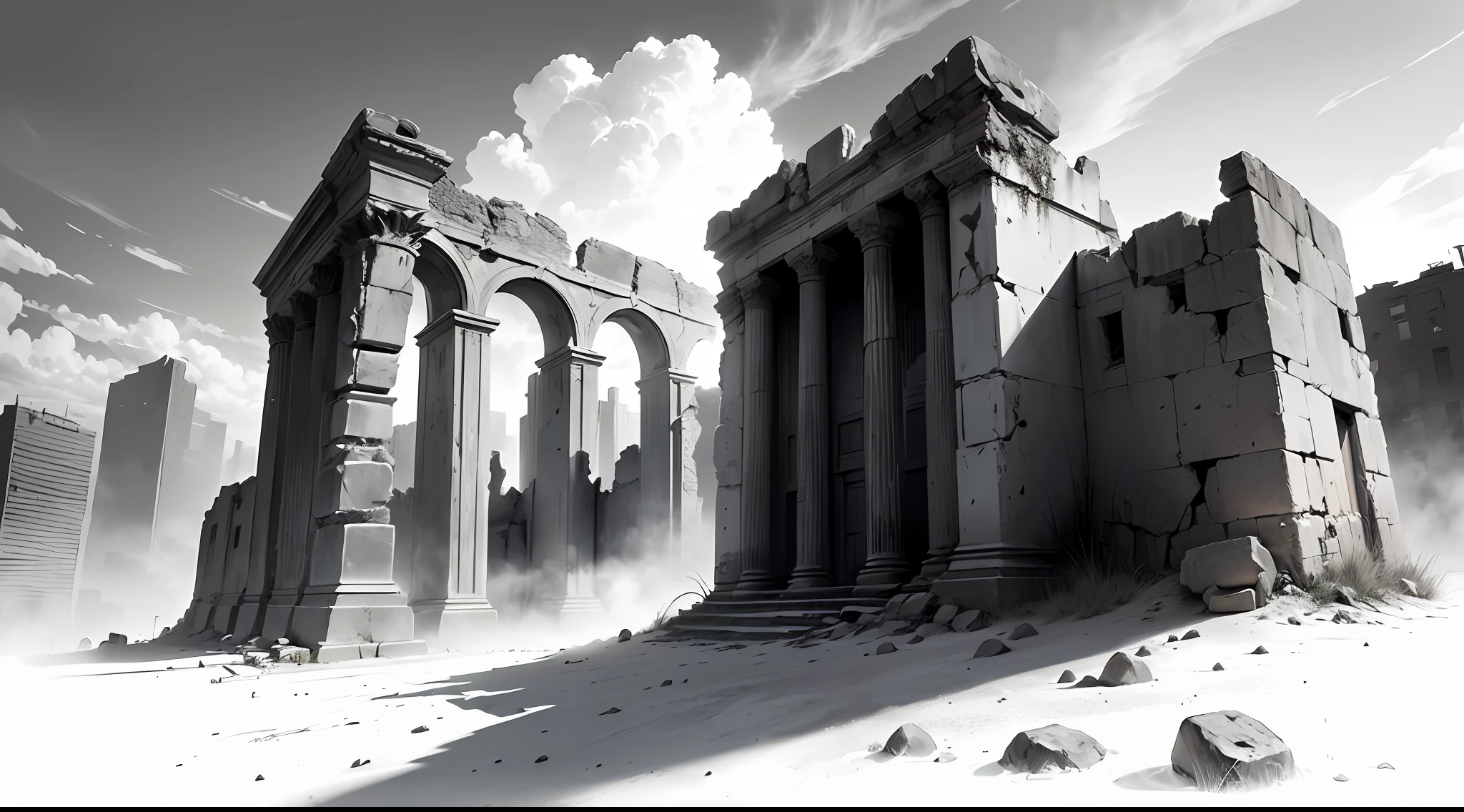 (background ancient ruins), original,(illustration:1.2 black and white),(best quality), (masterpiece:1.2), (8k wallpaper, black and white image, made in HB graphite pencils, (panoramic photo:1.4),(full body:1.05), (splashes),((GRAPHITE)), sharp focus, Robot, old, old, scrap, rusty, outdoor, stones, ruins, red eyes, forehead --auto