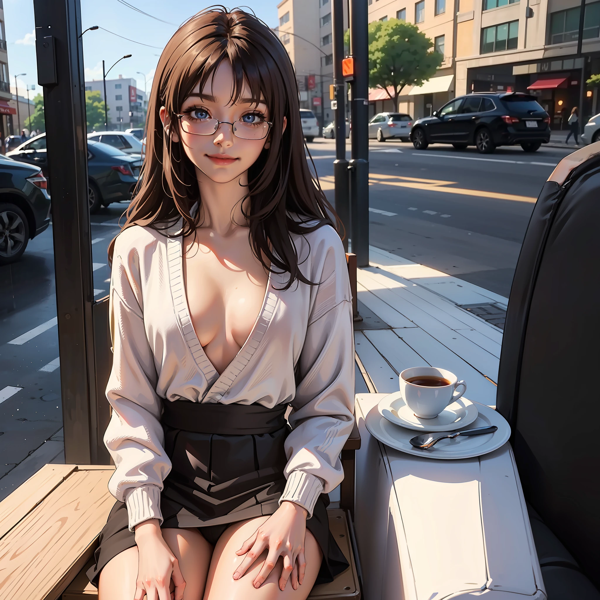 NSFW, (8k, best quality, masterpiece:1.2), (realistic, photo-realistic:1.37), ultra-detailed, ((1 girl)), looking at view,nerdy,(aesthetically thin framed glasses:1.2), cute, beautiful detailed sky, detailed cafe, night, sitting, dating,(nose blush), sitting before a table, table with afternoon tea, (smile:1.15),(closed mouth) (petite:1.3,small breasts:1.4),(large thighs:1.2, large rear:0.8),beautiful detailed eyes,(oversized sweater:1.1), daytime, sunshine, cozy and comfortable attire, rain,white lace, (long hair:1.4),light brown hair NovaFrogStyle, casual, white skin,cinematic light,sunshine,street light, (av actress: 4), full body image,(tea table:1),(hand bag:1), ulzzang-6500-v1.1:0.3, karinak-4501-6300:1.2, (anime realistic:1.5), soft and warm lighting, less saturated colors