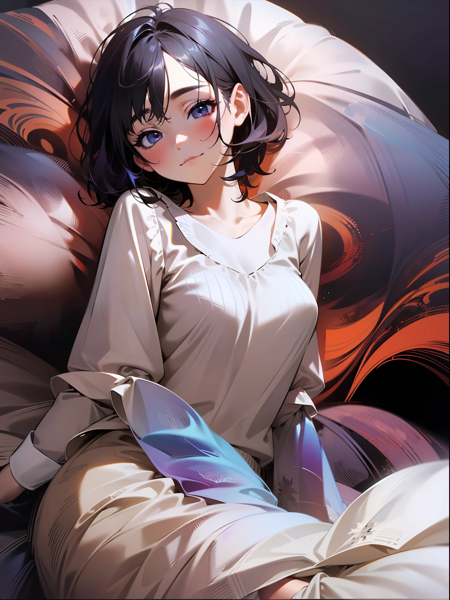 Hi-Res, Super Detail, 1 Girl, Sleeping in Bed, Sheer Pajamas, Extreme Detail Eyes, Official Art, Beautiful and Aesthetic, 1 Girl, Extreme Detail, Fractal Art, Colorful, Supreme Detail, Dark Short Hair, Odd Eye