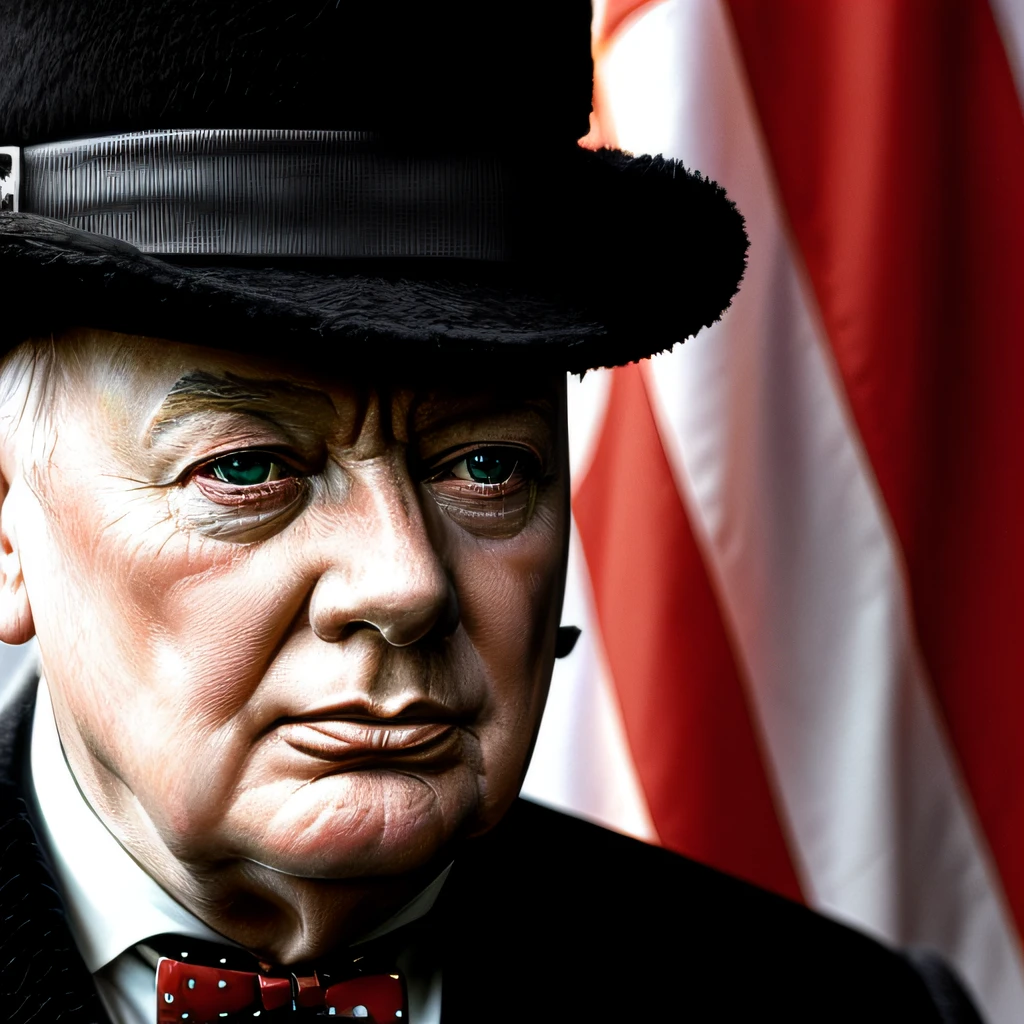 Ultra realistic image of former Prime Minister Winston Churchill, close-up, with the English flag in the background