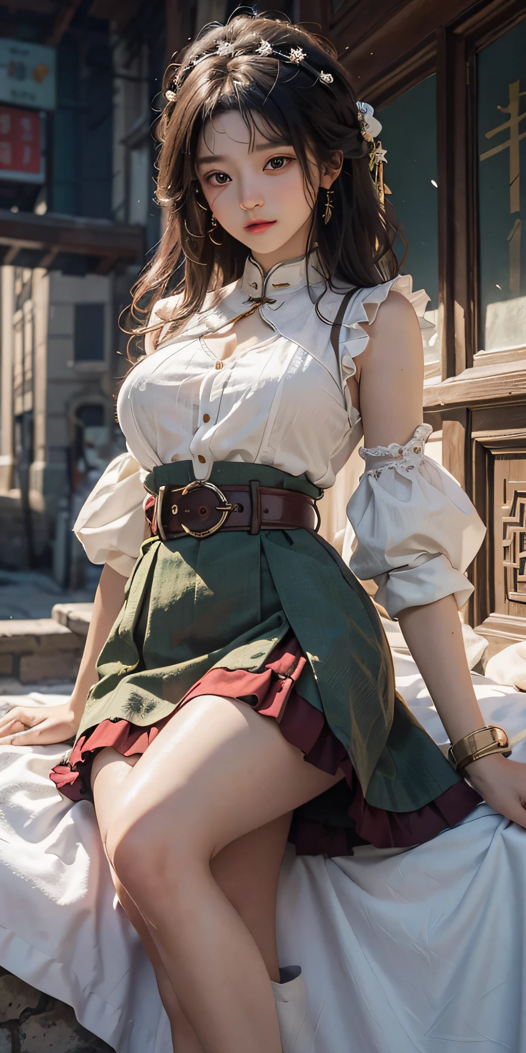 This girl is eighteen or nine years old, a round oval face, black eyes, flushed cheeks, the aura of the whole body is young and lively, crystalline, skin color like snow, a small dimple, goose egg face son is a little shy, what is handsome now, tall, wearing a green connecting dress skirt, toned and tall, wearing a white bottom strawberry flower strap skirt, little Luxue like a breast, only covering the knee skirt, belt to bind the waist to control his son Xi'an, Feng Ting more and more breasts.