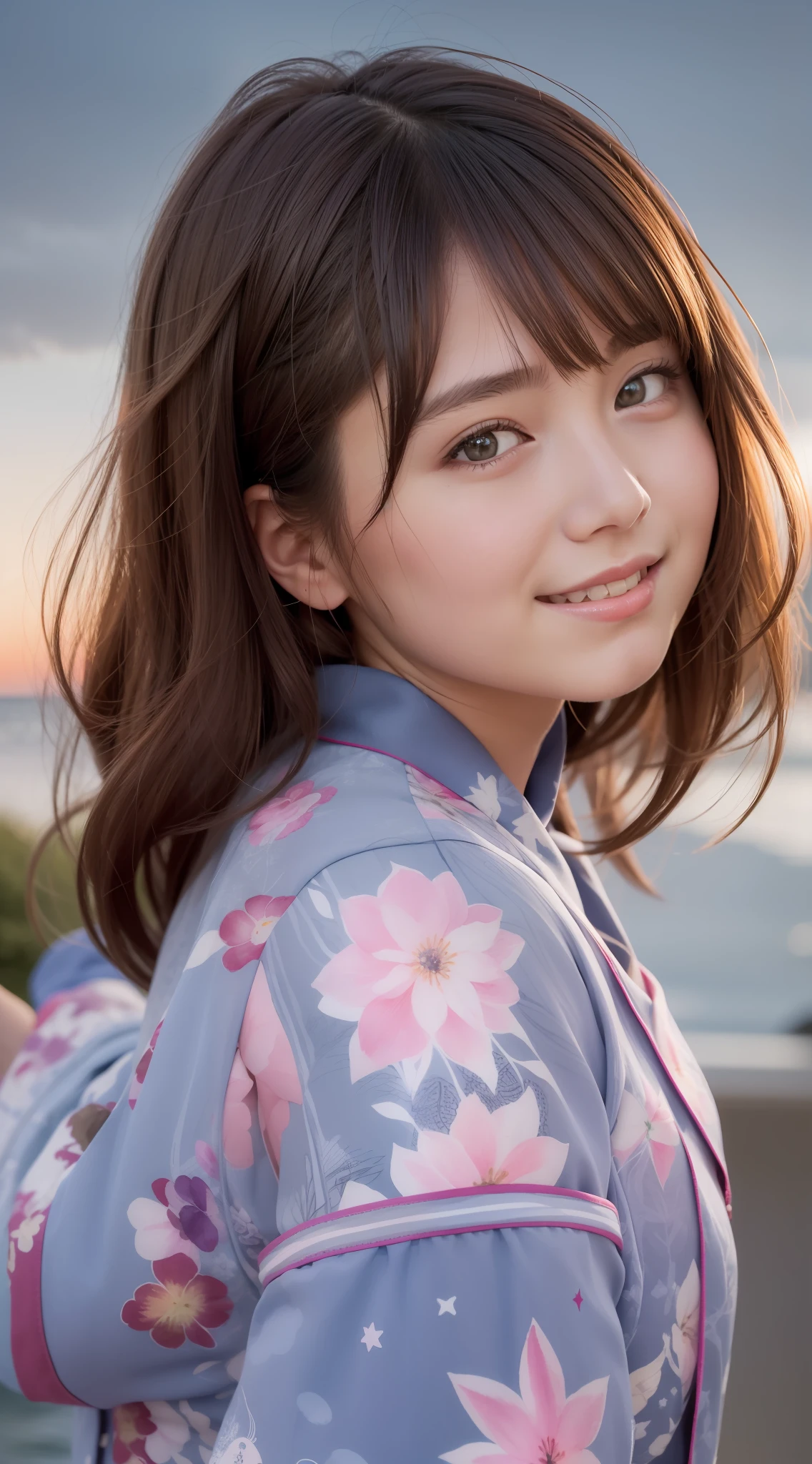 Watercolor, one girl, with her back to the viewer, facing the sky, orange blue sky, perfect sky condition, your lasso sky, sunset sky, detailed Japan high school uniform, detailed sky, stars in the sky, sea, 8K, medium, schoolgirl, happy face, glowing eyes, hands behind her, smile, thick lips, white sheer skin