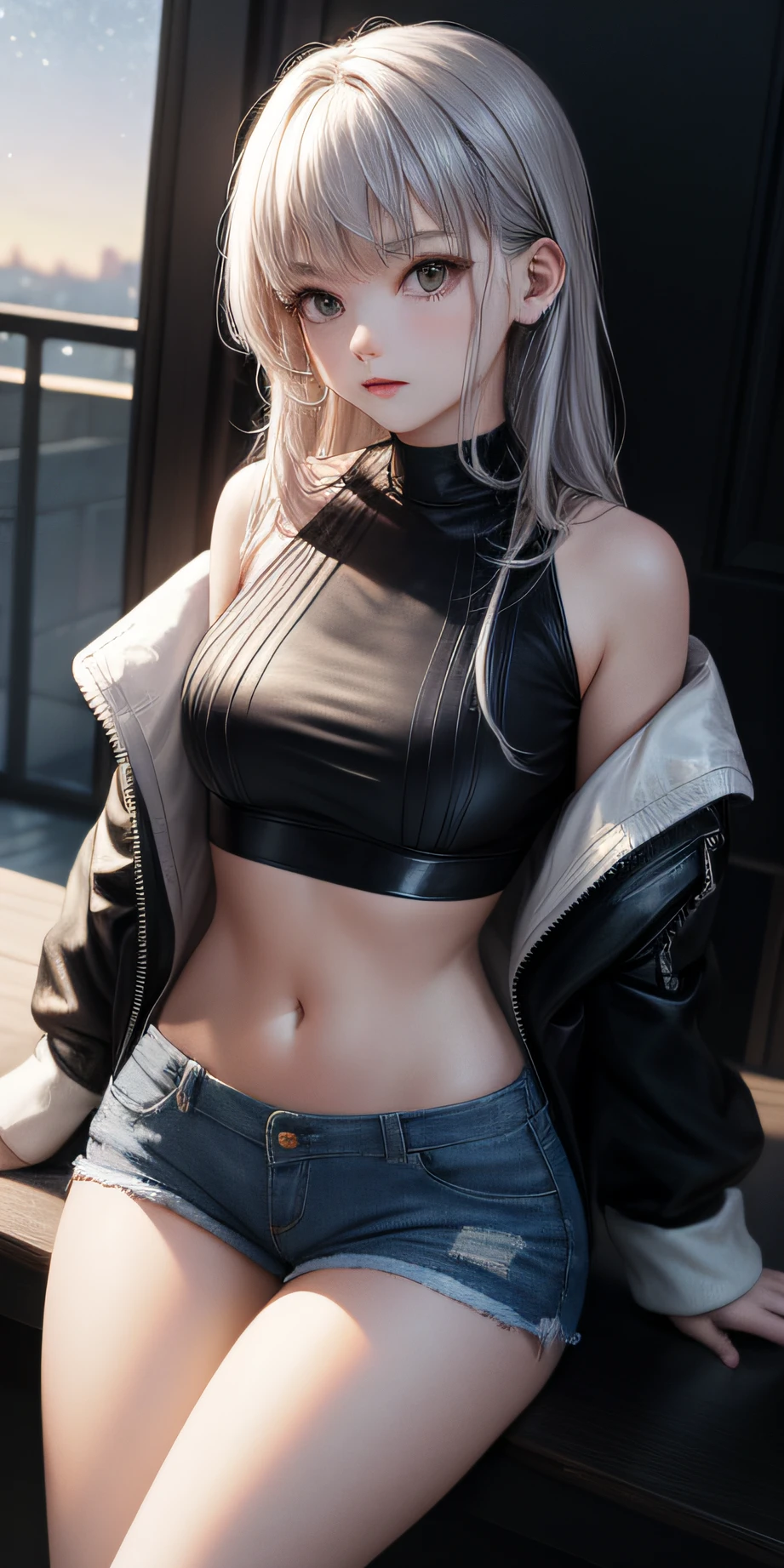 (masterpiece:1.6, best quality), (delicate eyes: 1.2), (top view), high quality, beauty, 1girl, wide-angle lens, white crop top, leather short shorts, oversized leather jacket, off-the-shoulder, silver hair, strangulated bra, strangled ultra shorts, long hair, wide hips, (sideways, ), bright starry sky, detailed background
