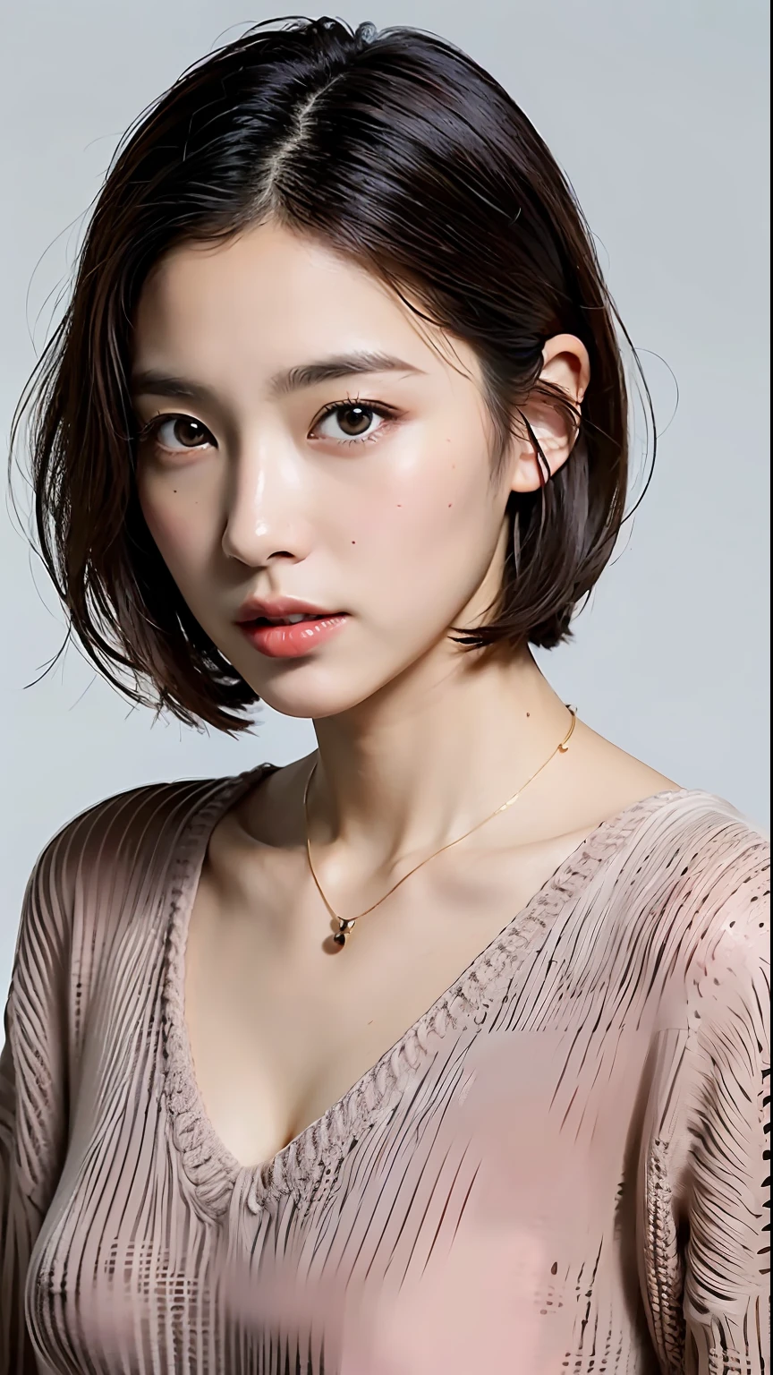 (Best quality, 8k, 32k, Masterpiece, UHD:1.2),Photo of Pretty Japanese woman, large breasts, very short bob hair,upper body,face focus,(oversized_sweater,:1.1) necklace, simple background, looking at viewer, leaning forward,